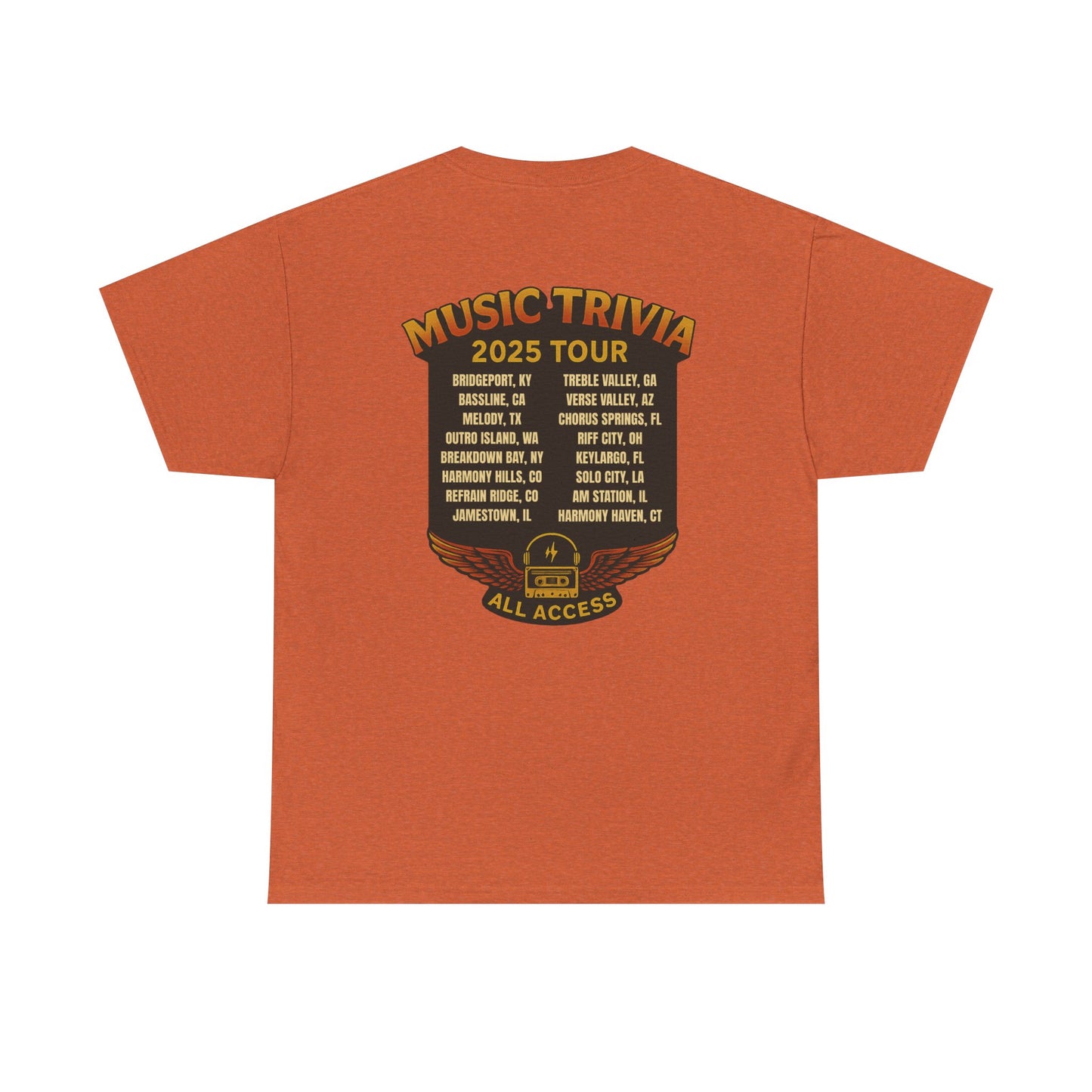 Orange music trivia t-shirt with 2025 tour dates and all access pass design on the back