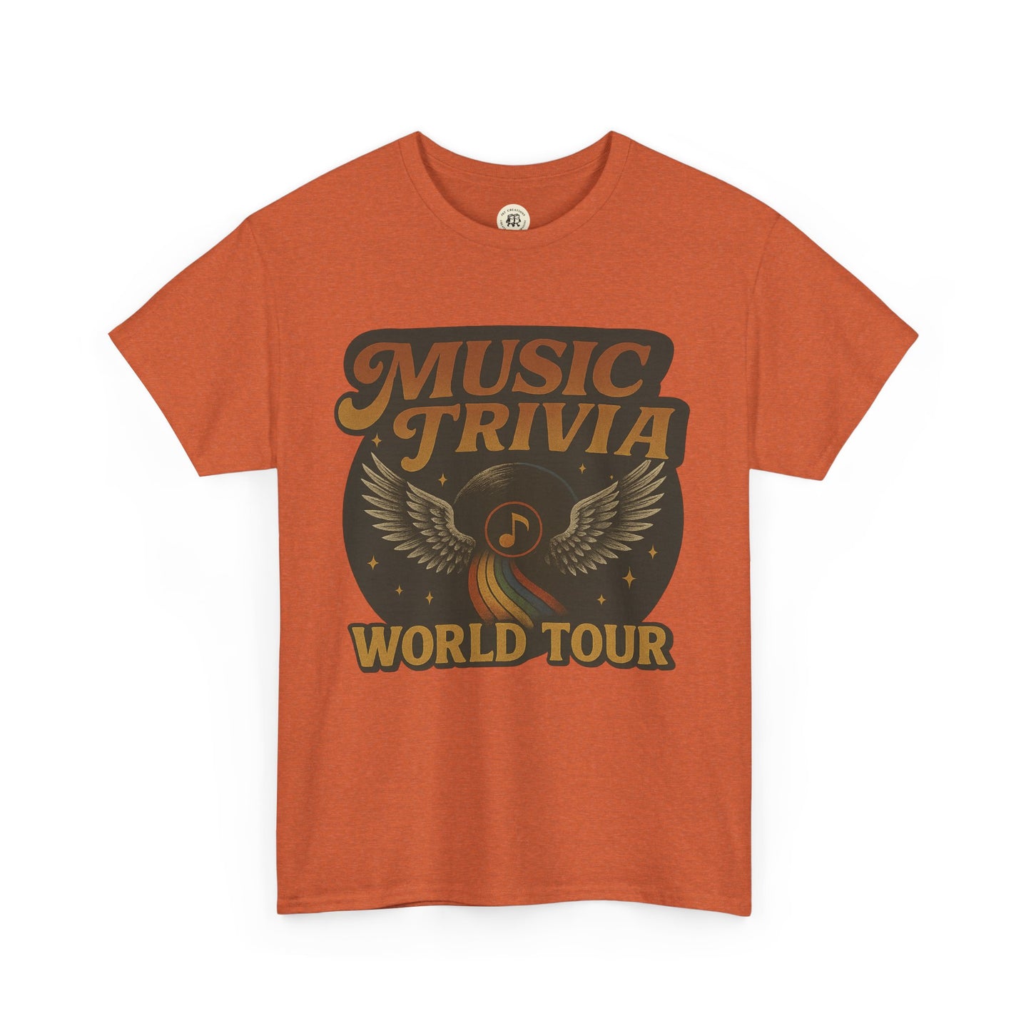 Orange Printify music trivia t-shirt with vintage winged record and world tour design