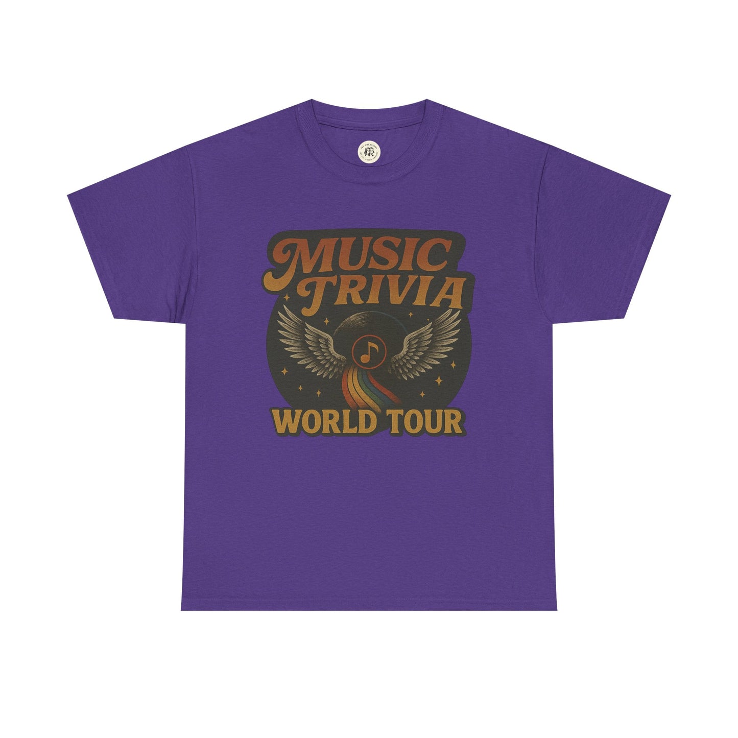 Purple music trivia t-shirt with vintage winged music note and world tour text print