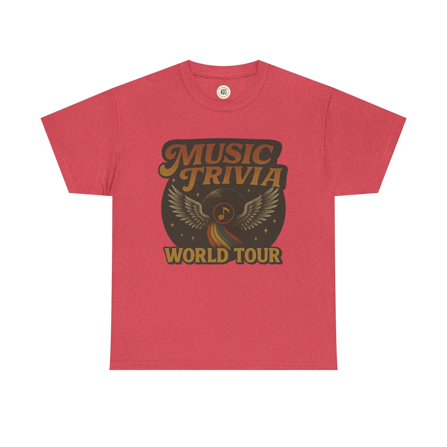 Red music trivia t-shirt with vintage world tour design and winged musical note graphic