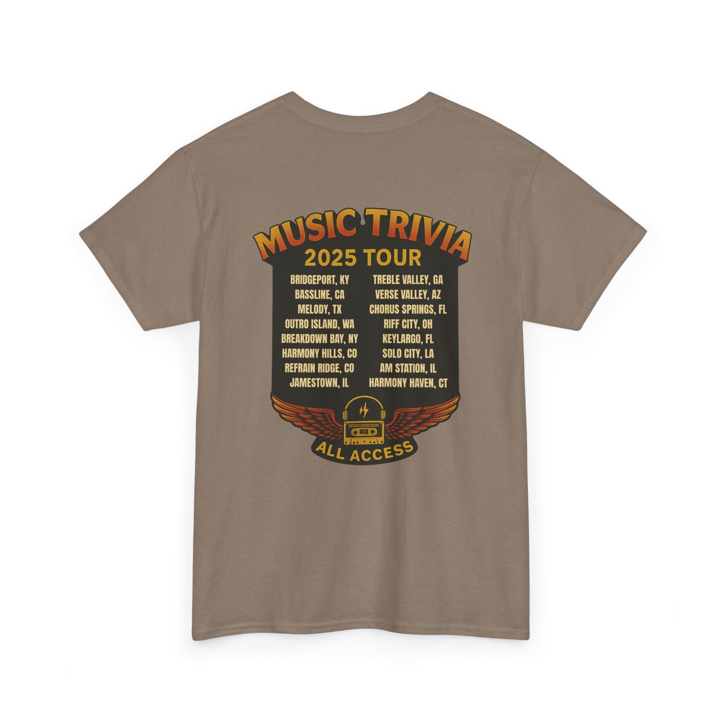 Printify music trivia t-shirt in brown with 2025 tour dates and all access badge on the back
