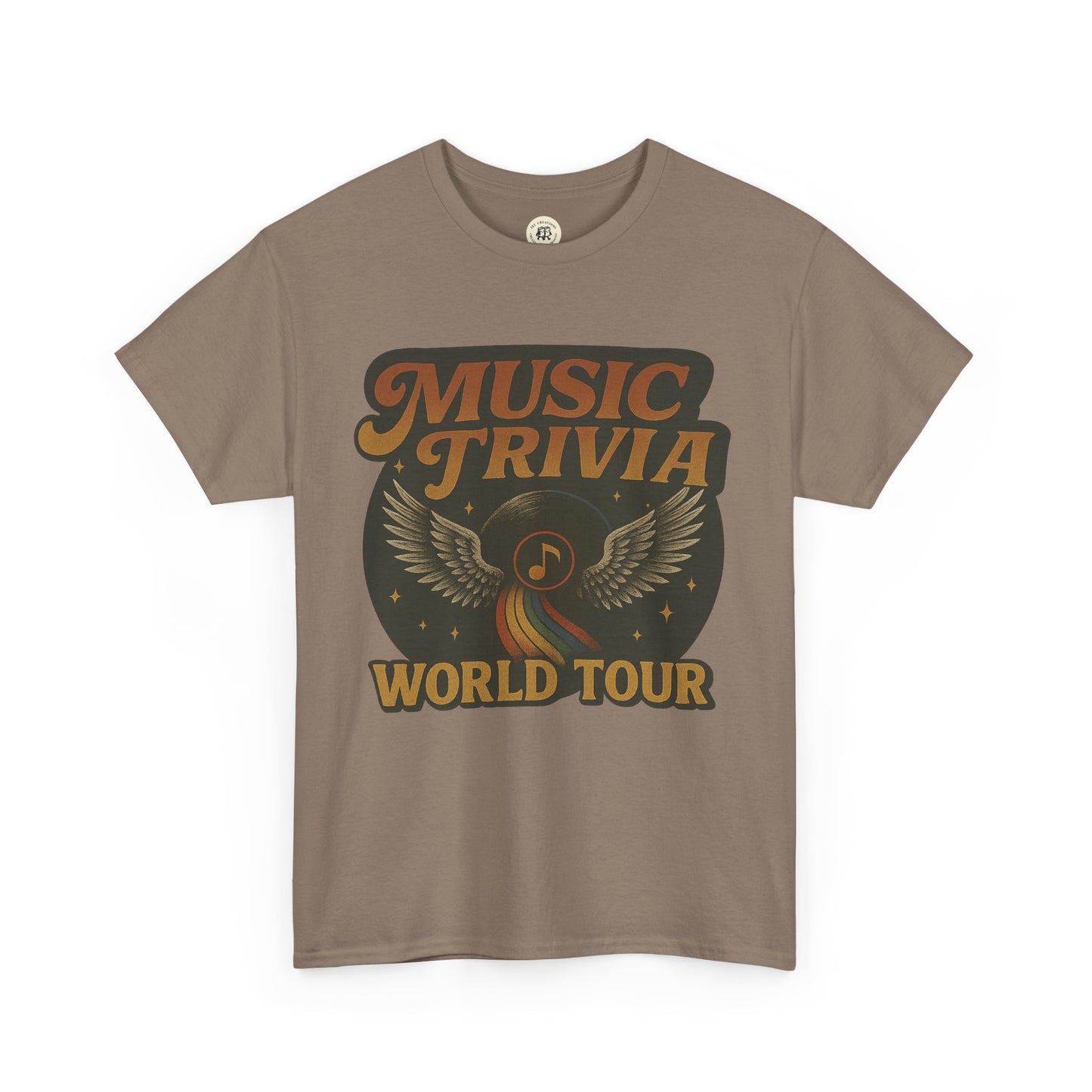 Printify brown music trivia t-shirt with vintage world tour winged vinyl record design