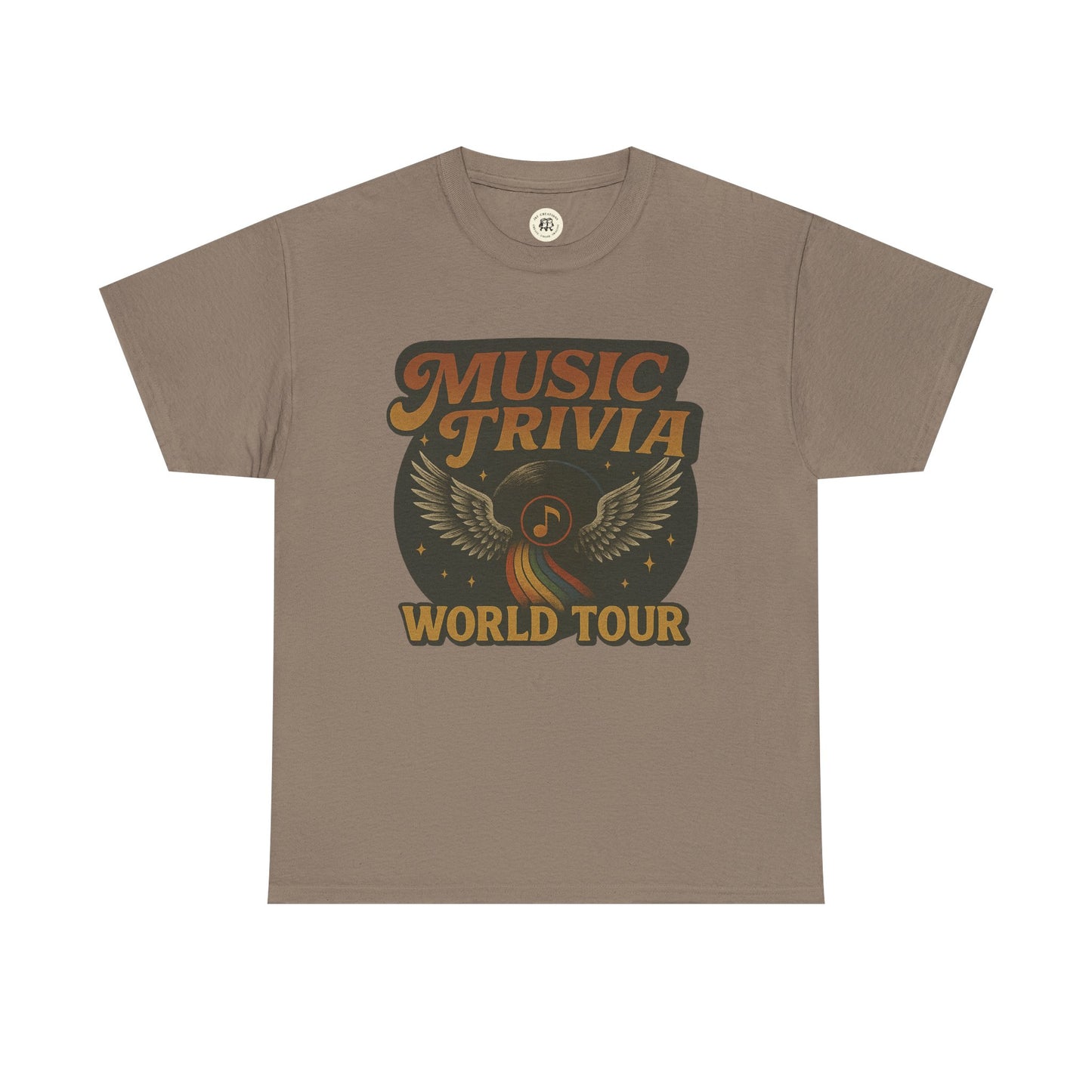 Printify brown music trivia t-shirt with vintage wings and world tour graphic design
