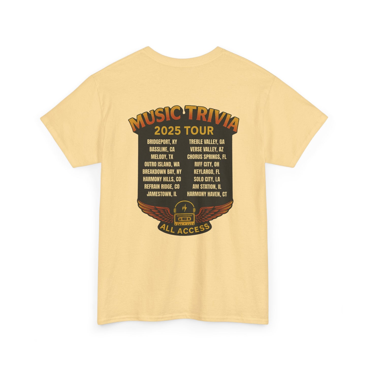 Yellow music trivia t-shirt with 2025 tour dates and all access pass design on back