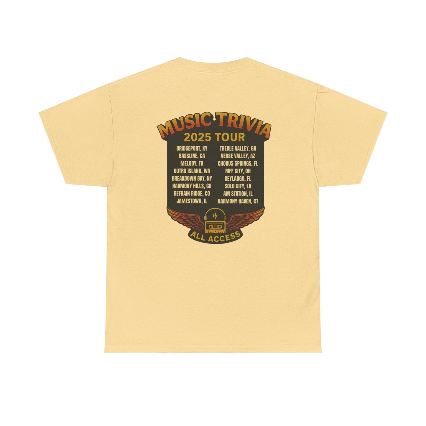 Printify beige music trivia t-shirt featuring 2025 tour dates and all access design on the back