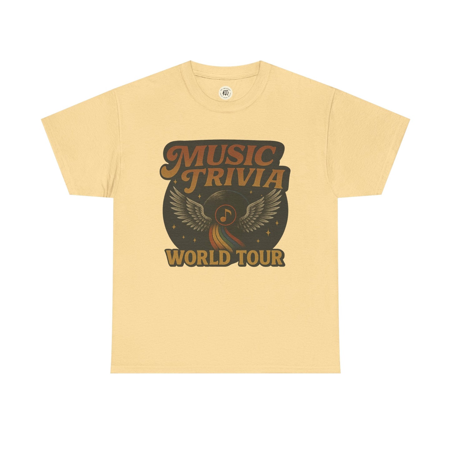 Beige Printify music trivia t-shirt with vintage wings and world tour graphic design