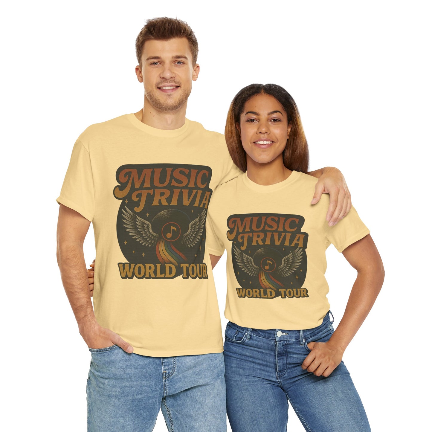 Printify beige music trivia t-shirt with world tour design worn by smiling man and woman