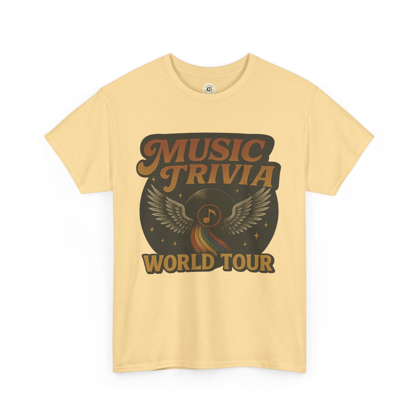 Yellow music trivia t-shirt with winged music note and world tour design by Printify