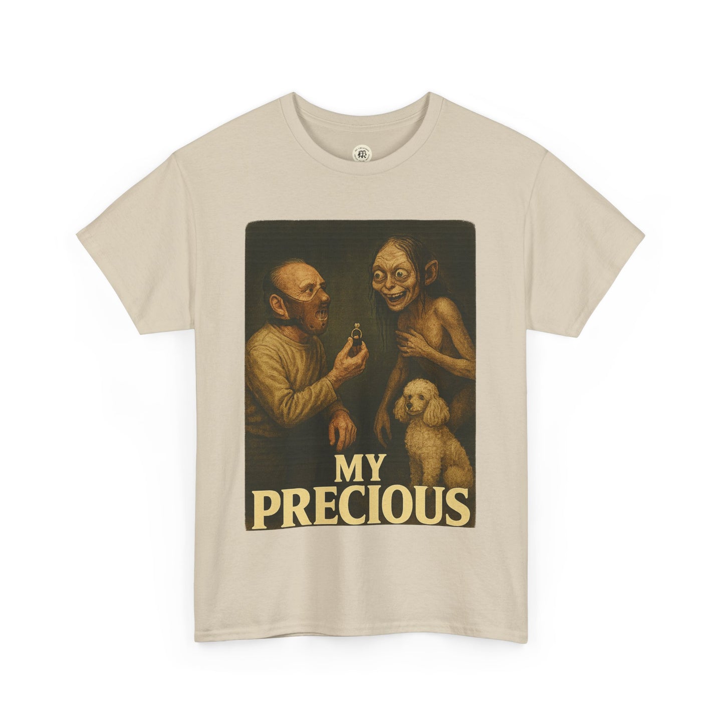 Beige my precious unisex cotton tee with vintage style graphic of two characters and a dog