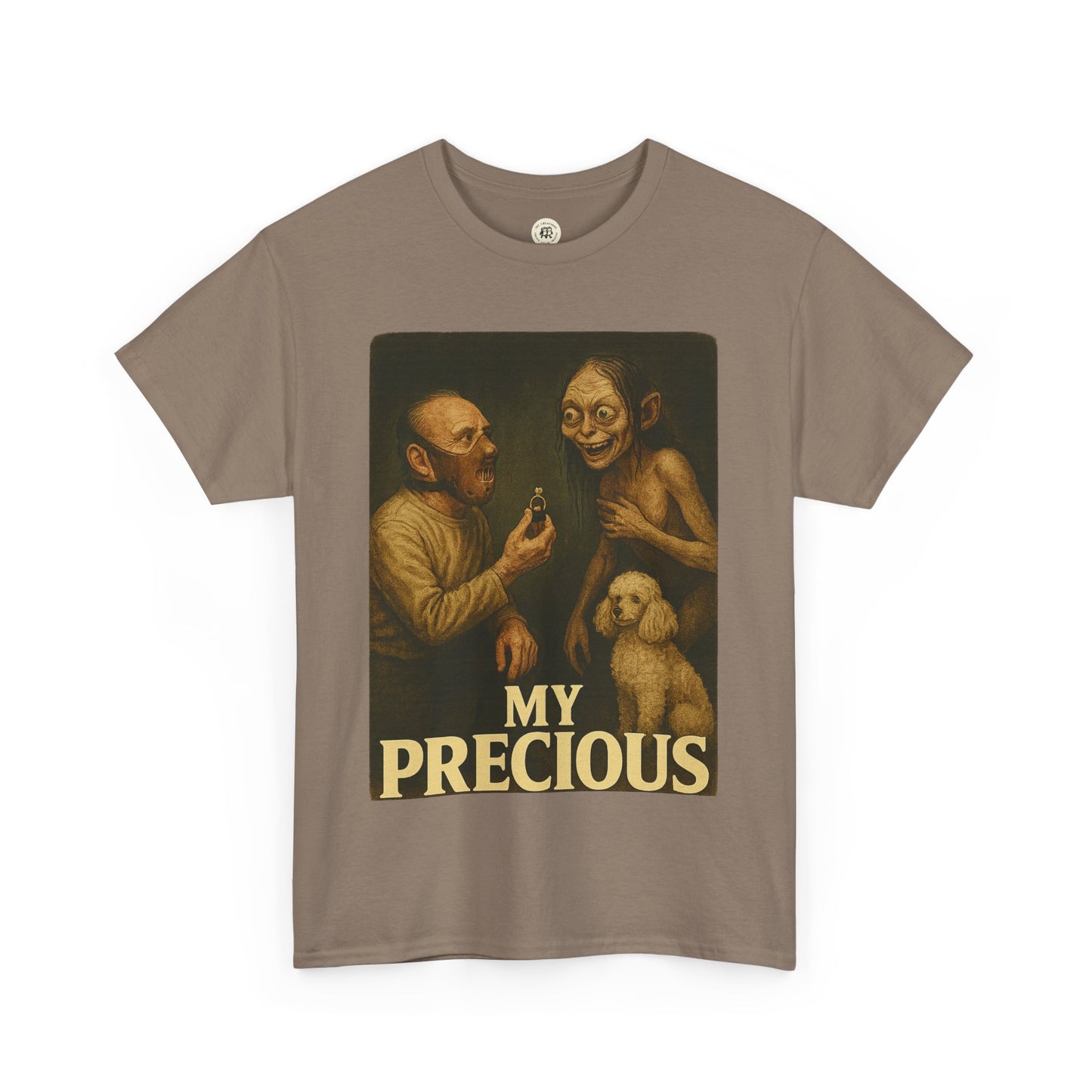 my precious unisex cotton tee featuring a vintage style illustration of two characters and a dog with text my precious