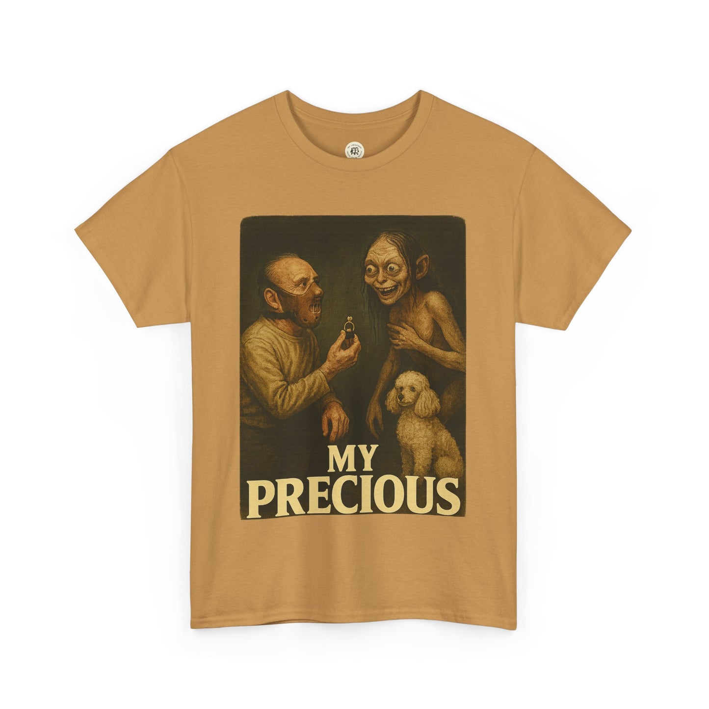 My precious unisex cotton tee by Printify featuring a graphic of two characters and a dog on a brown shirt