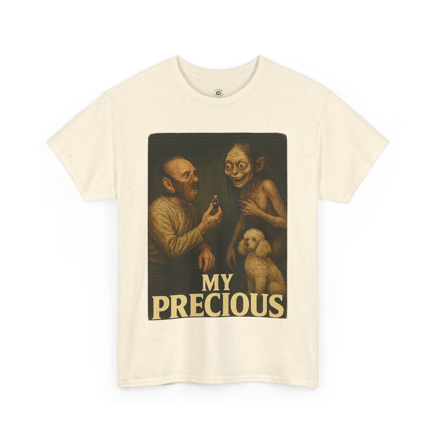 My precious unisex cotton tee by Printify with graphic of two characters and a dog on cream shirt