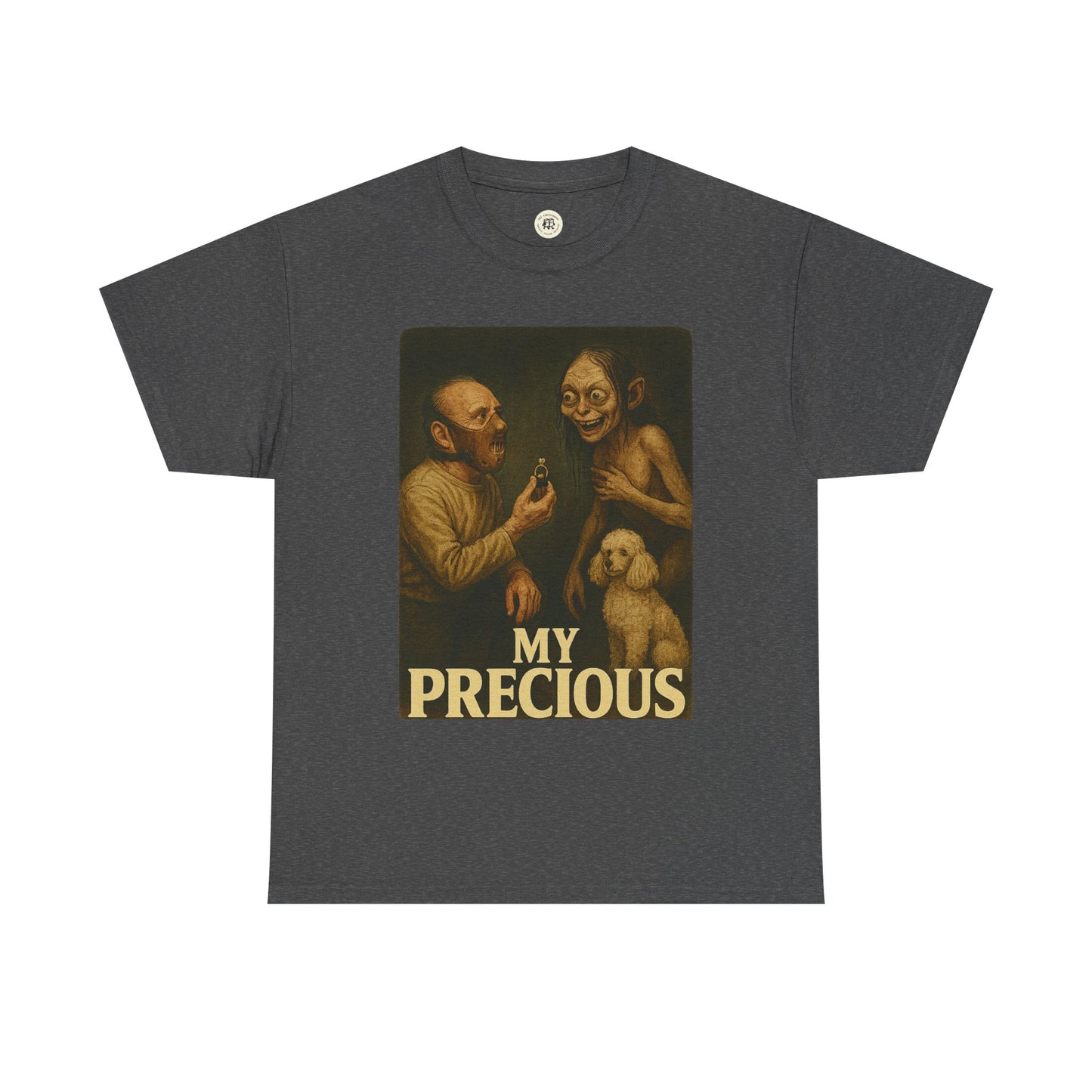 Dark gray my precious unisex cotton tee featuring vintage style graphic with characters and text