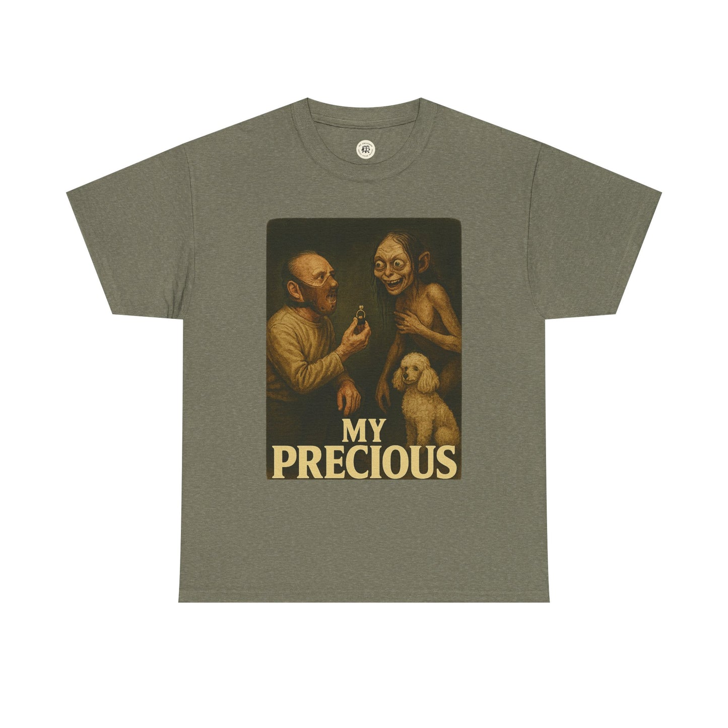 My precious unisex cotton tee in olive green featuring a humorous vintage-style graphic print