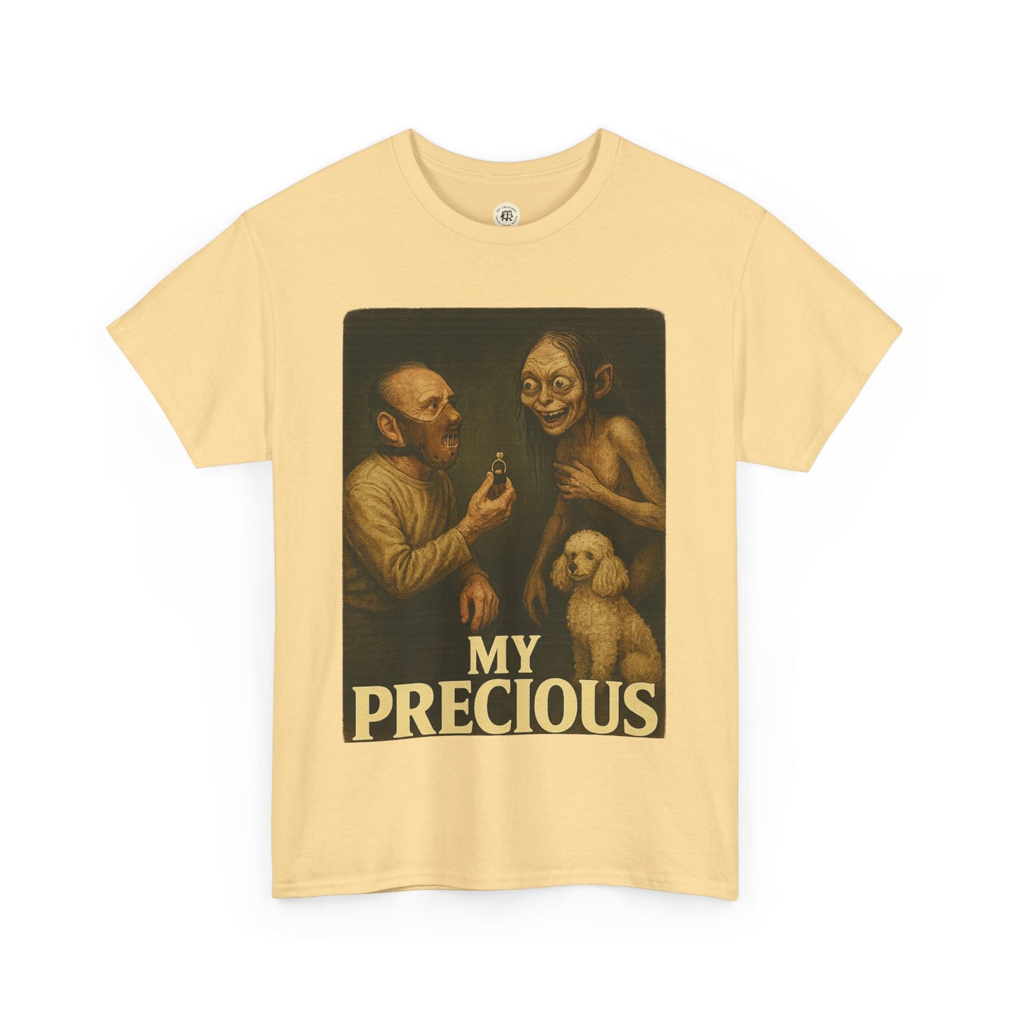 Printify my precious unisex cotton tee featuring a vintage style artwork with characters and dog on beige shirt