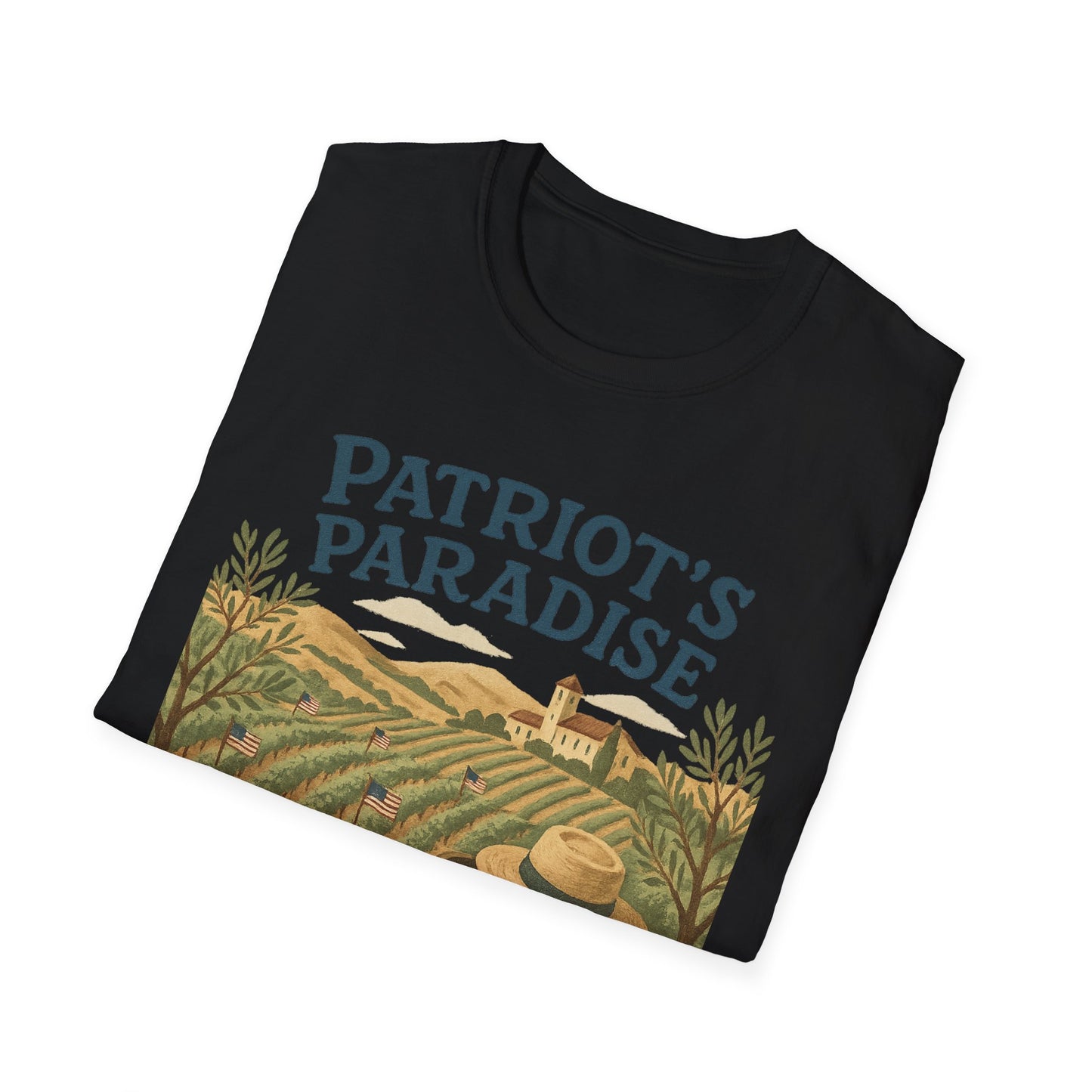 Black Napa Valley vineyard t-shirt with Patriot's Paradise vineyard graphic and scenic landscape