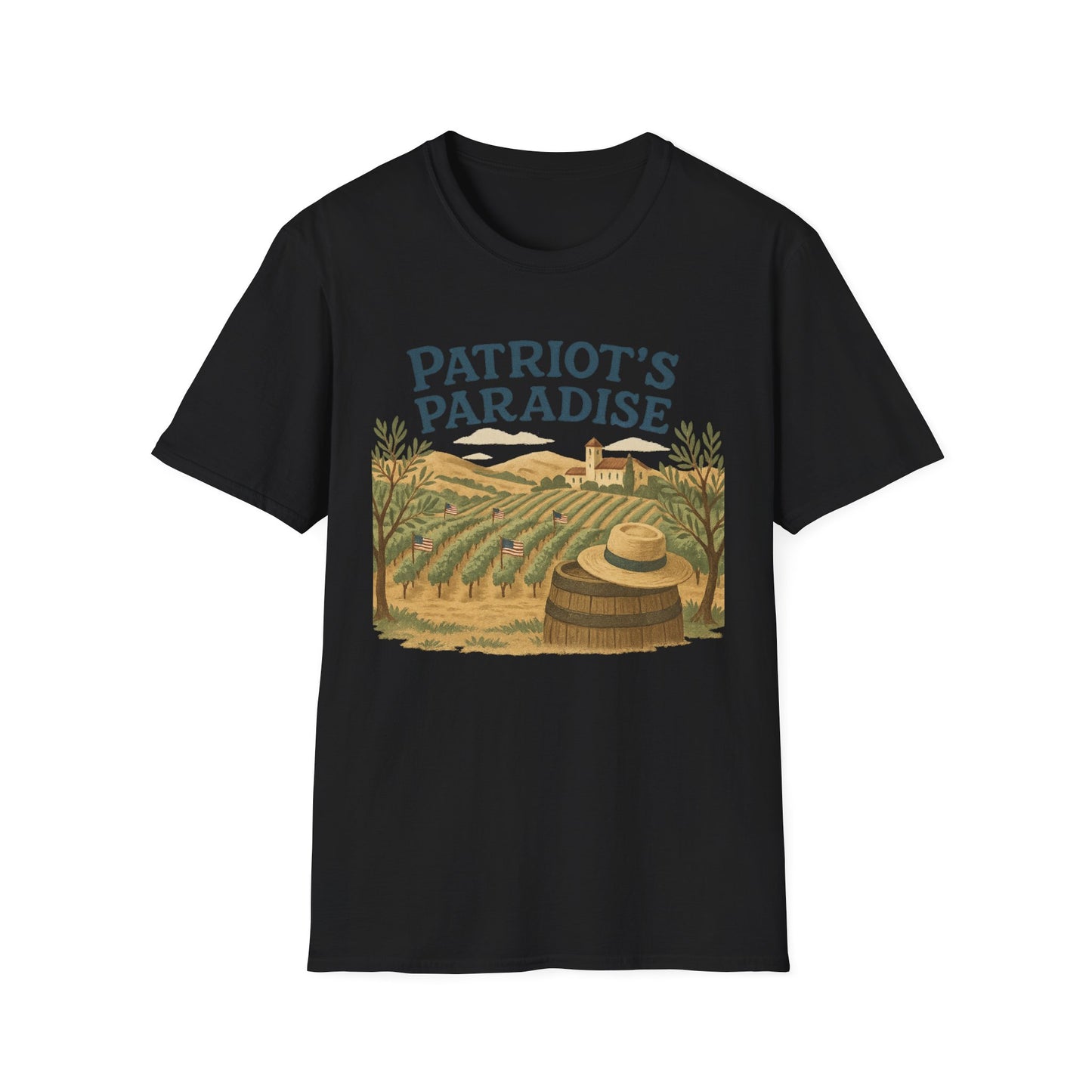 Black Napa Valley vineyard t-shirt with Patriot's Paradise vineyard and hat graphic design