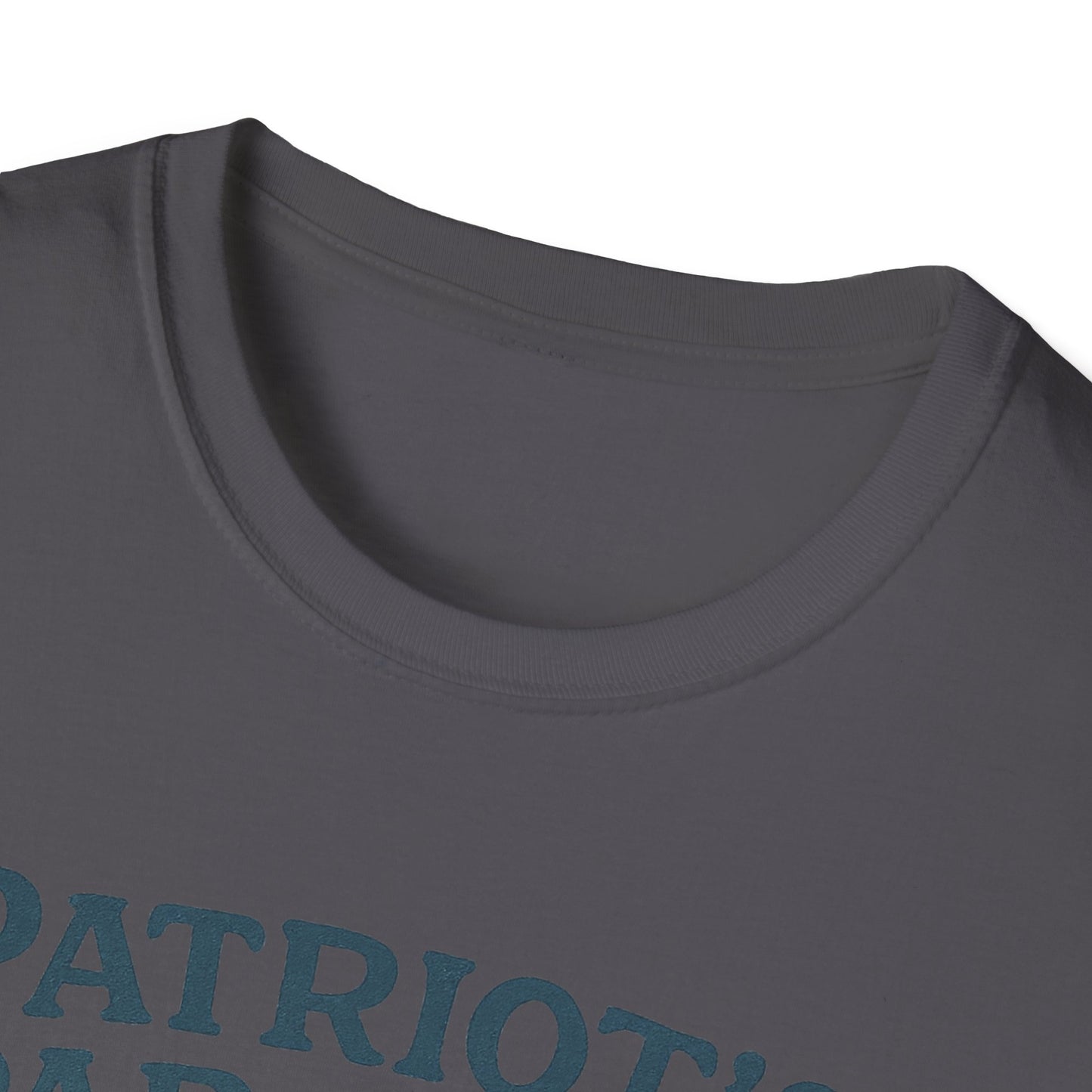 Close-up of a dark gray Napa Valley vineyard t-shirt collar and upper chest with blue text design