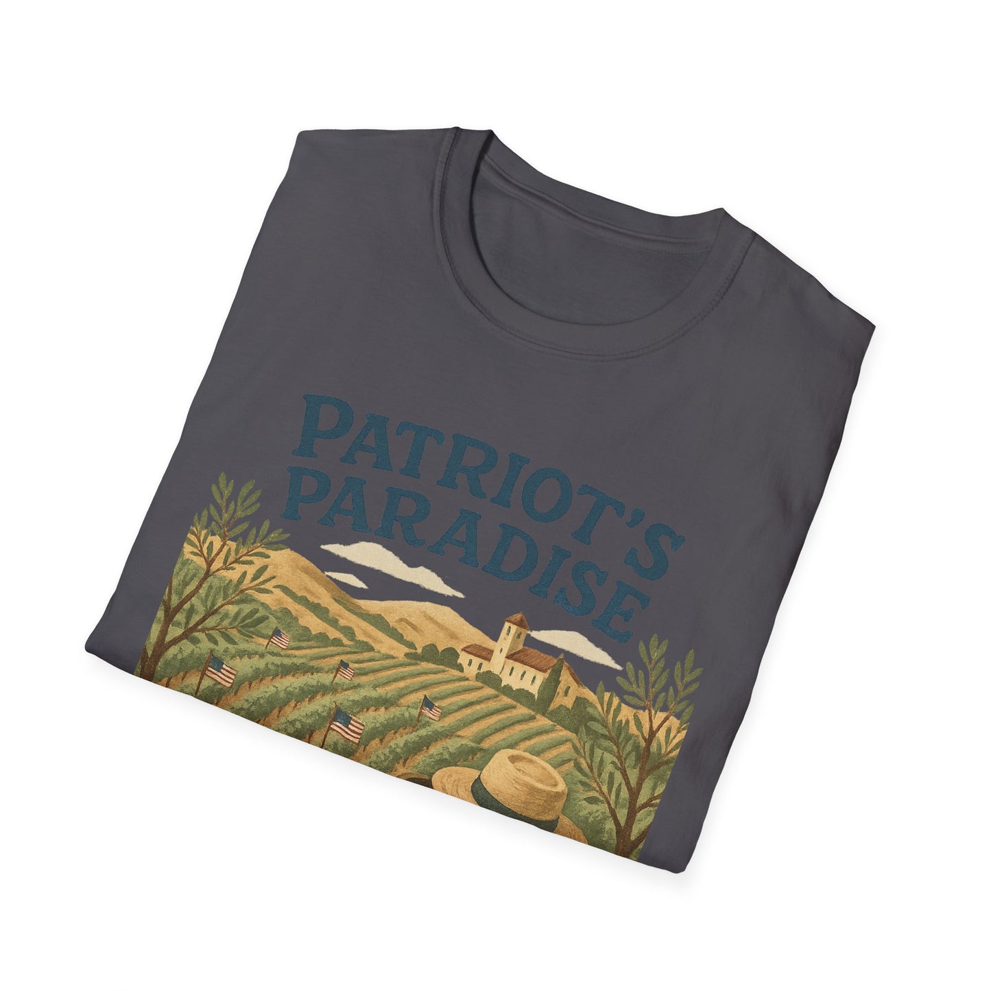 Printify Napa Valley vineyard t-shirt with Patriot's Paradise graphic and vineyard illustration