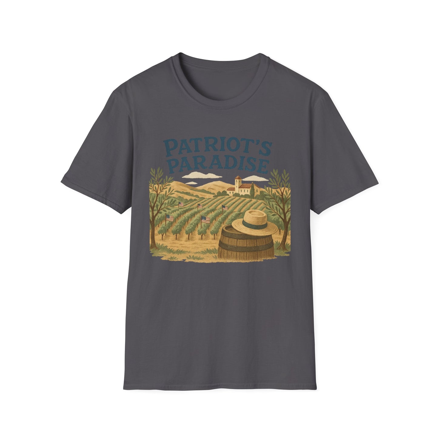 Printify Napa Valley vineyard t-shirt with vineyard landscape and straw hat graphic on gray fabric