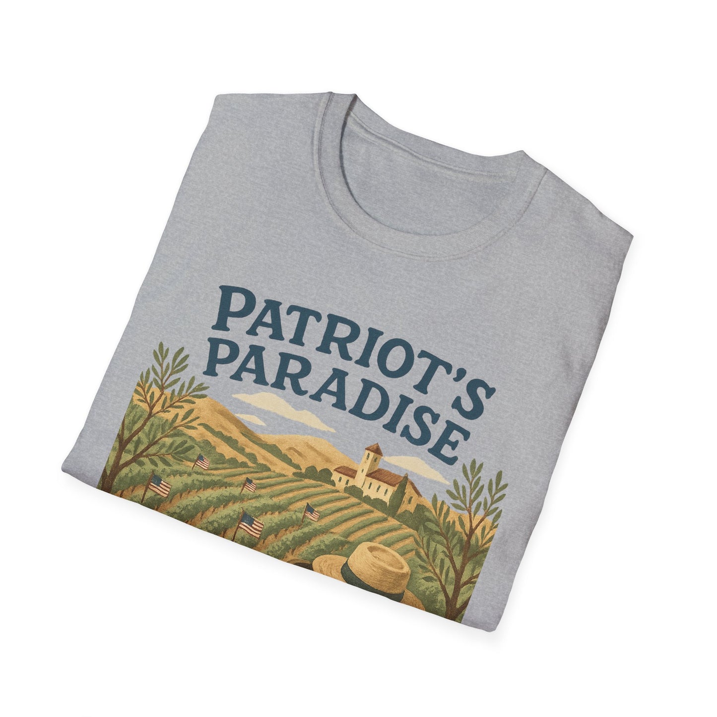 Gray Napa Valley vineyard t-shirt with Patriot's Paradise design featuring vineyard landscape and hills