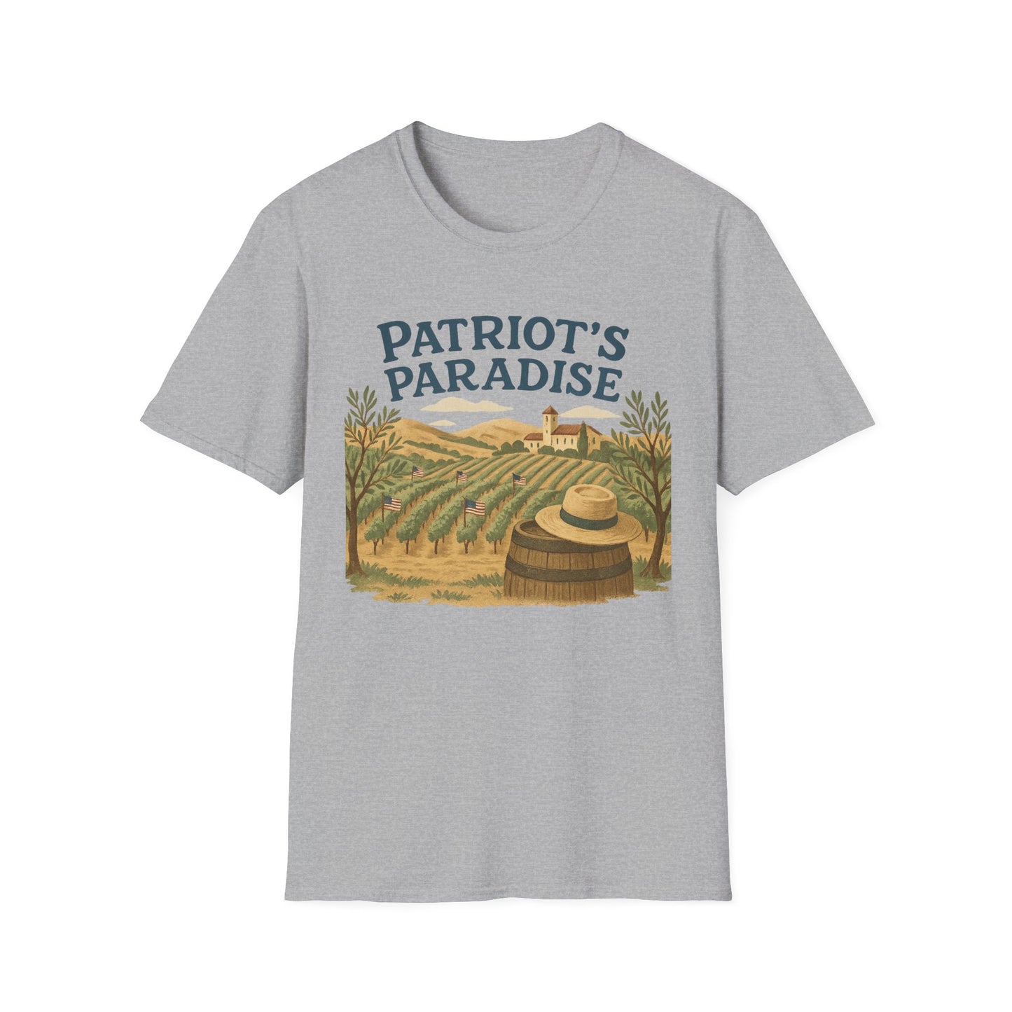 Gray Printify Napa Valley vineyard t-shirt featuring a vineyard scene with the text Patriots Paradise