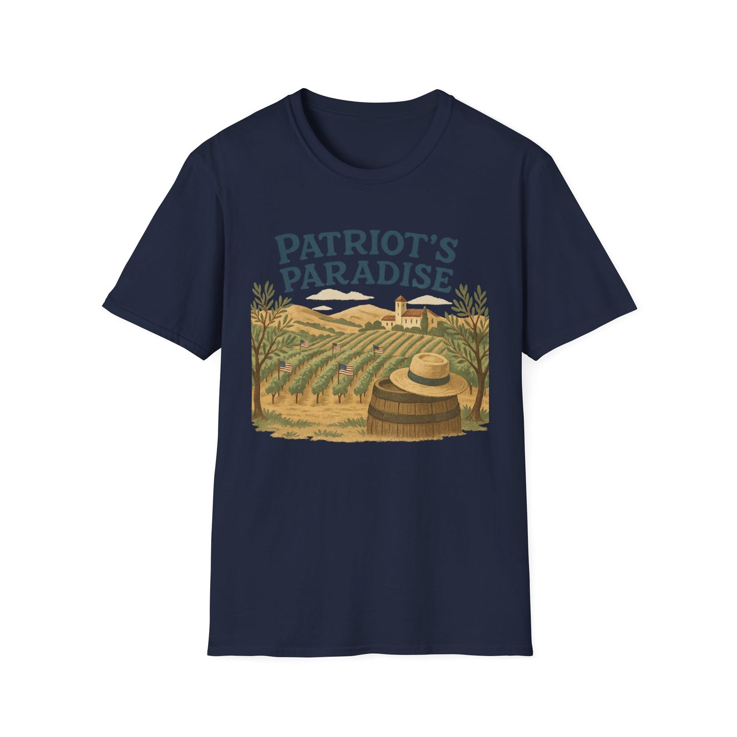 Navy Printify Napa Valley vineyard t-shirt with Patriot's Paradise vineyard and hat design