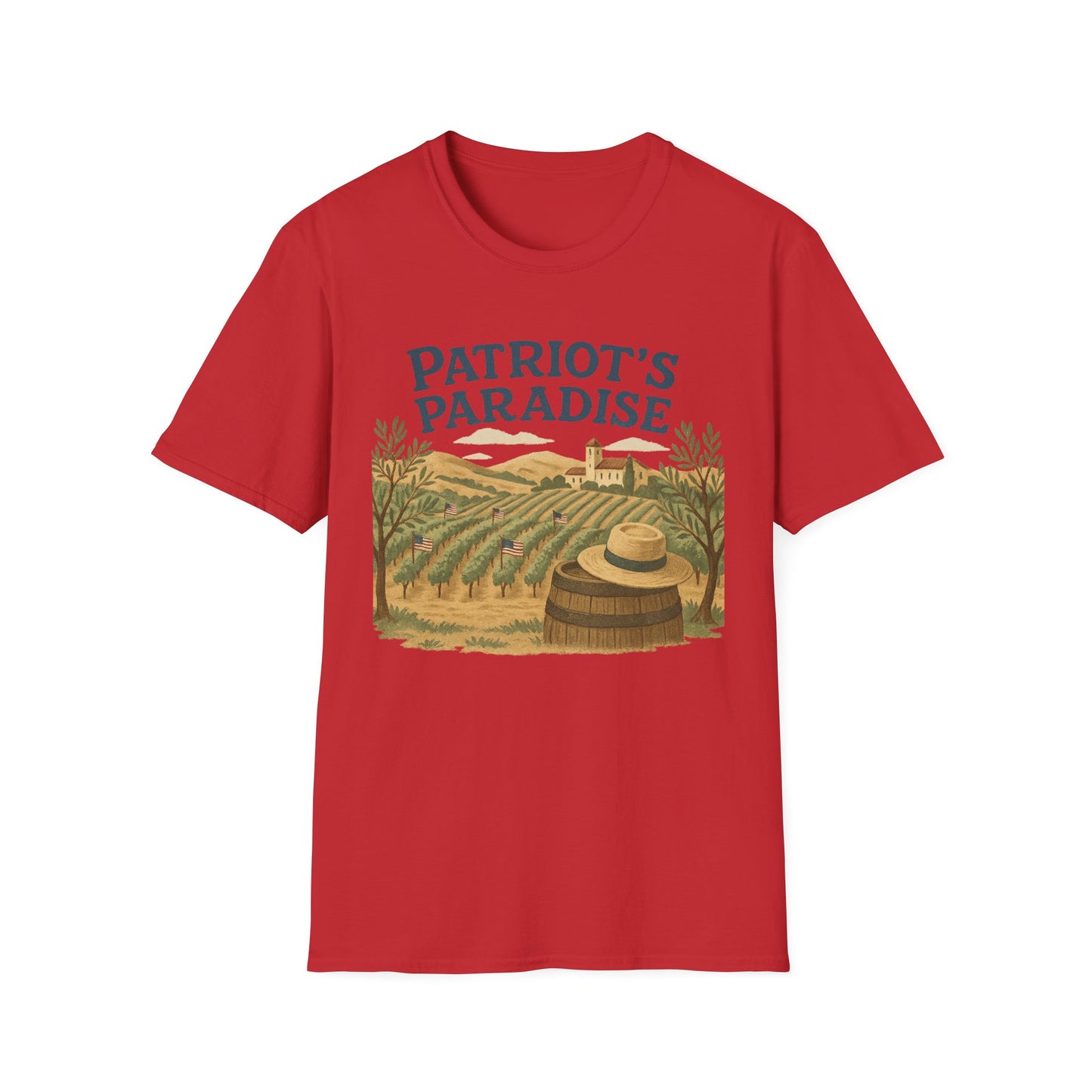 Red Napa Valley vineyard t-shirt with vintage vineyard scene and Patriot's Paradise text