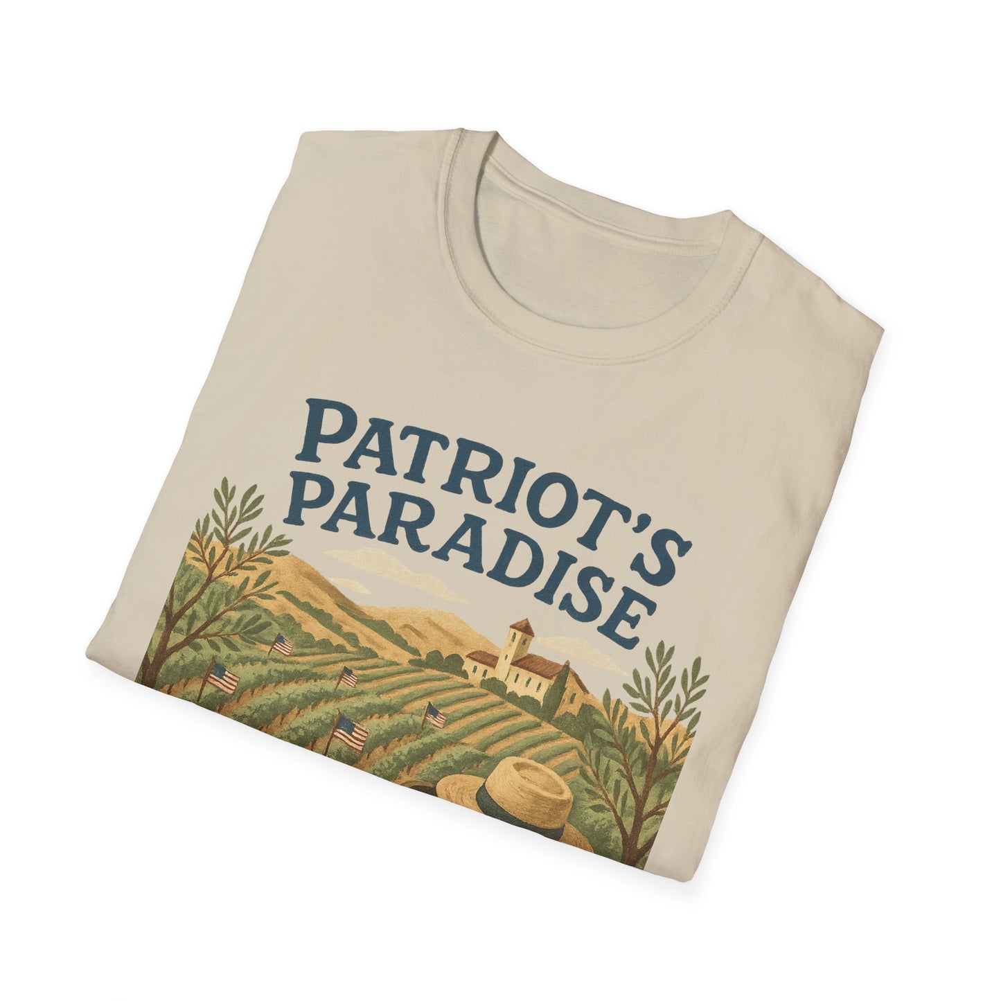Printify beige Napa Valley vineyard t-shirt with Patriot's Paradise vineyard graphic design