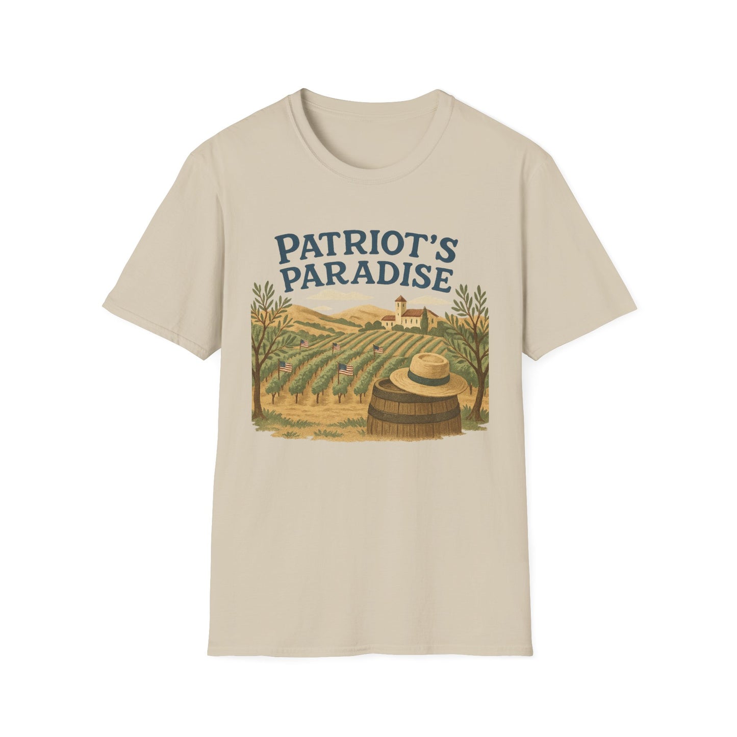 Beige Printify Napa Valley vineyard t-shirt with Patriot's Paradise vineyard graphic design