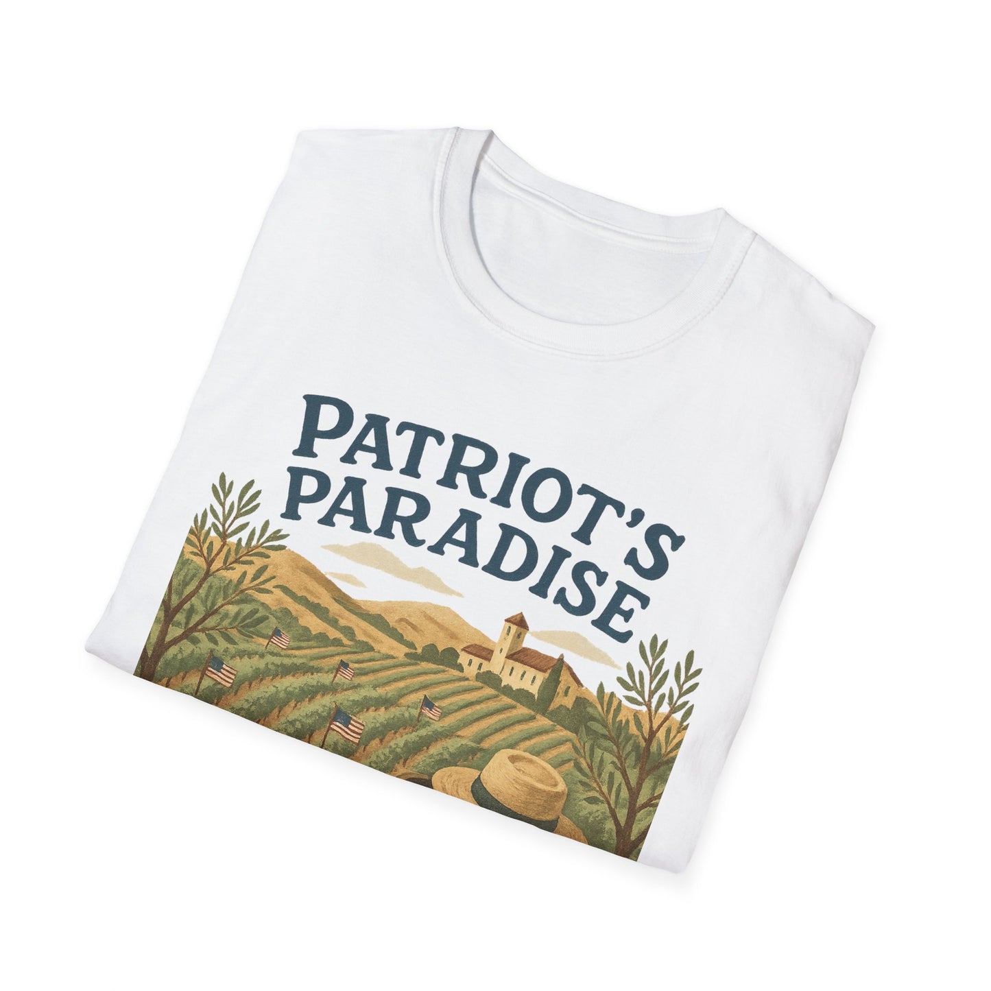 White Napa Valley vineyard t-shirt with Patriot's Paradise graphic and vineyard illustration
