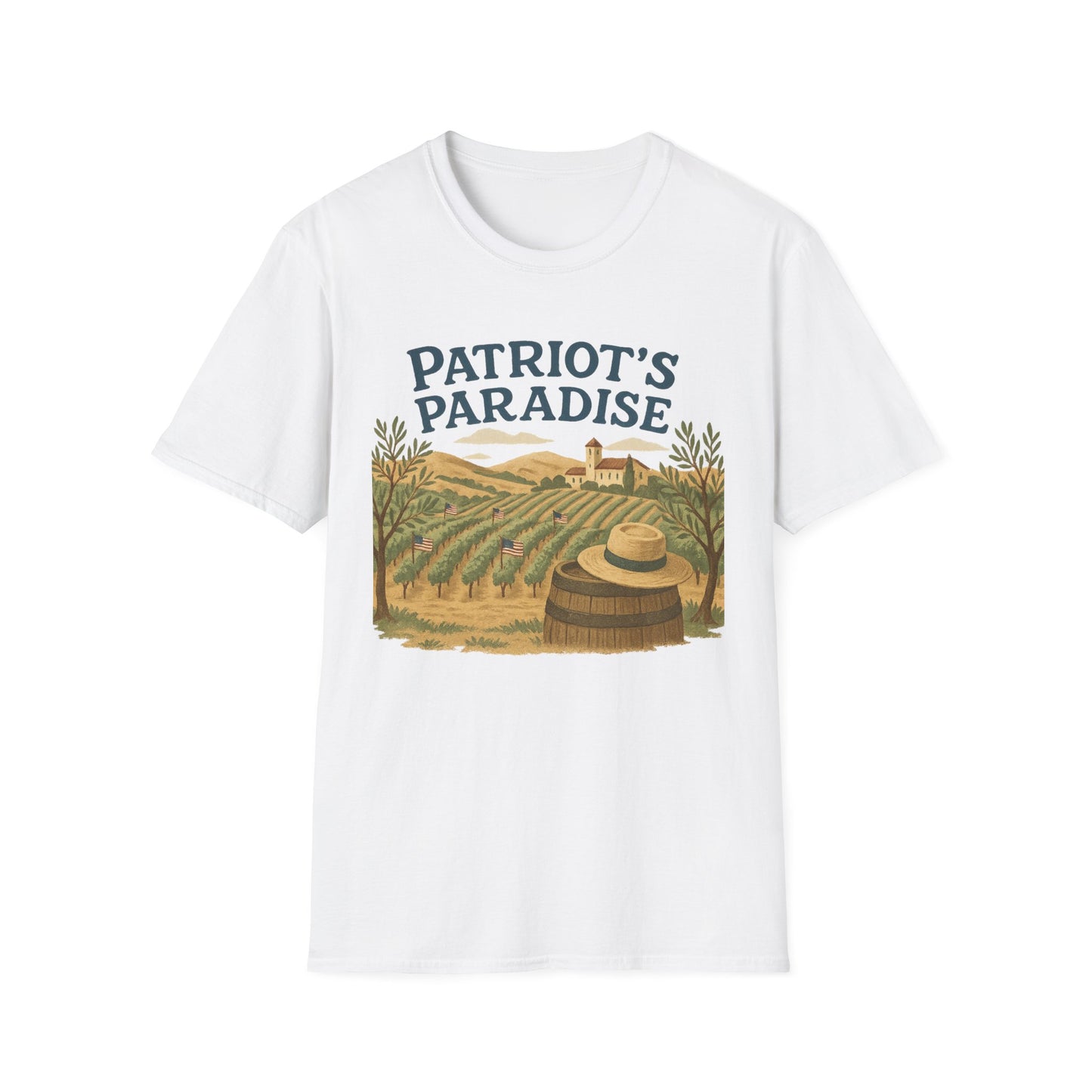 White Printify t-shirt featuring a Napa Valley vineyard t-shirt design with vineyard and hat graphic