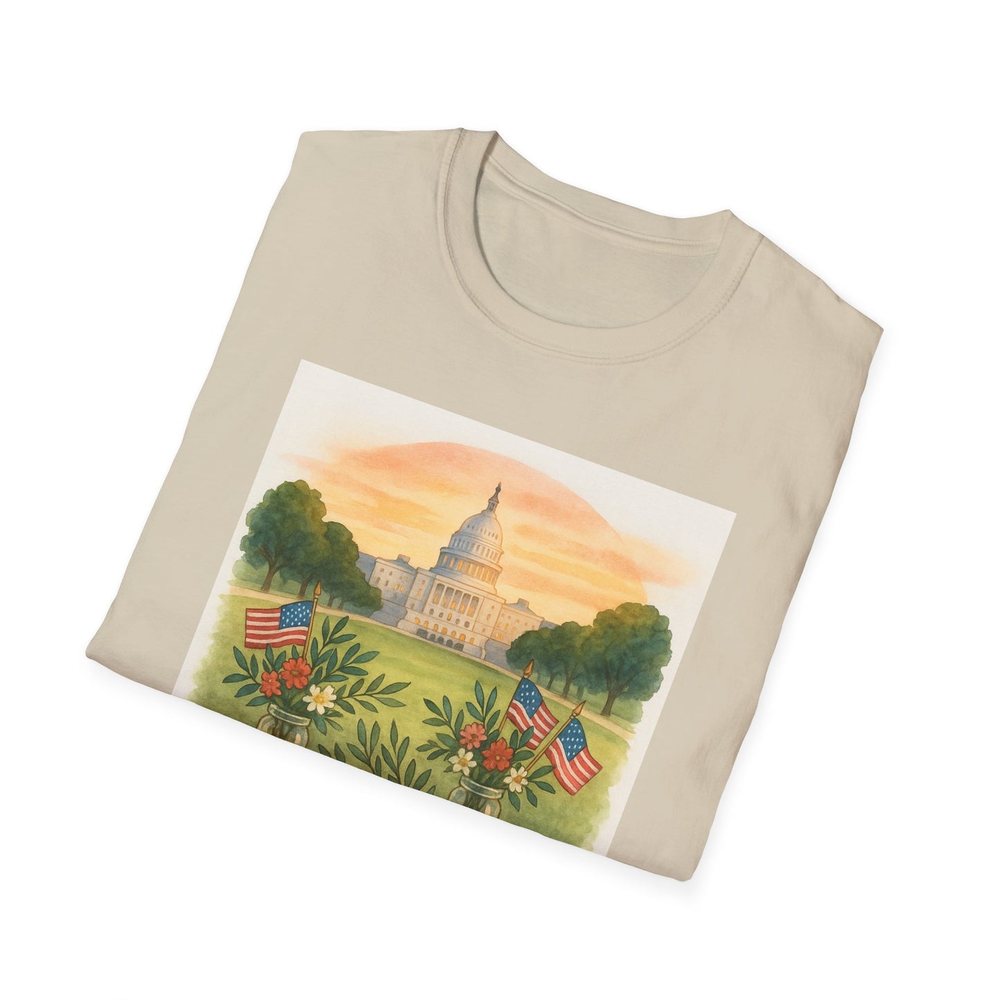 Printify National Mall picnic t-shirt with Capitol building and American flags design on beige fabric