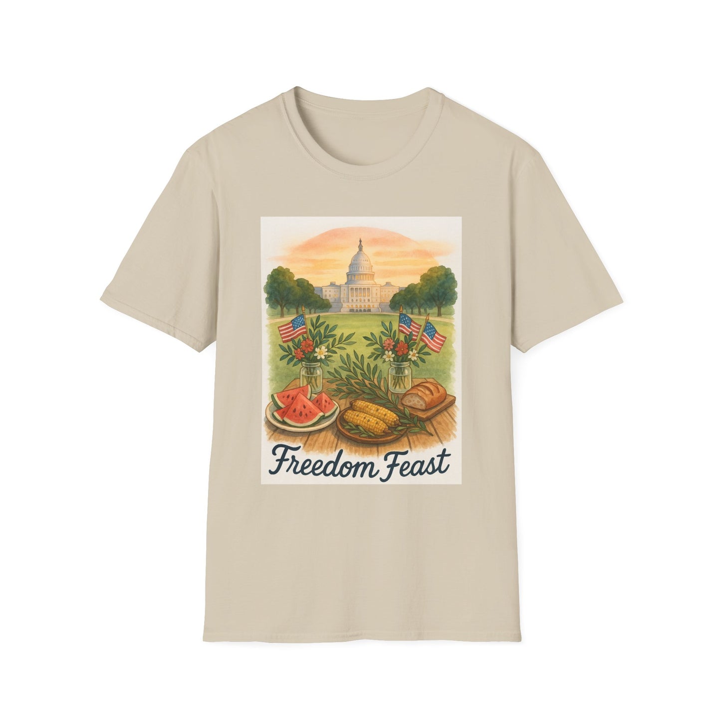 Beige National Mall picnic t-shirt with Freedom Feast graphic featuring Capitol and picnic food