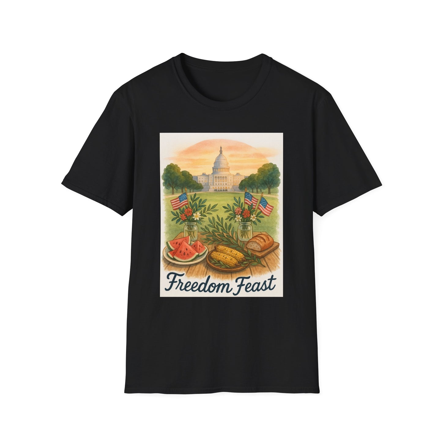Black Printify National Mall picnic t-shirt with Freedom Feast graphic and USA flags