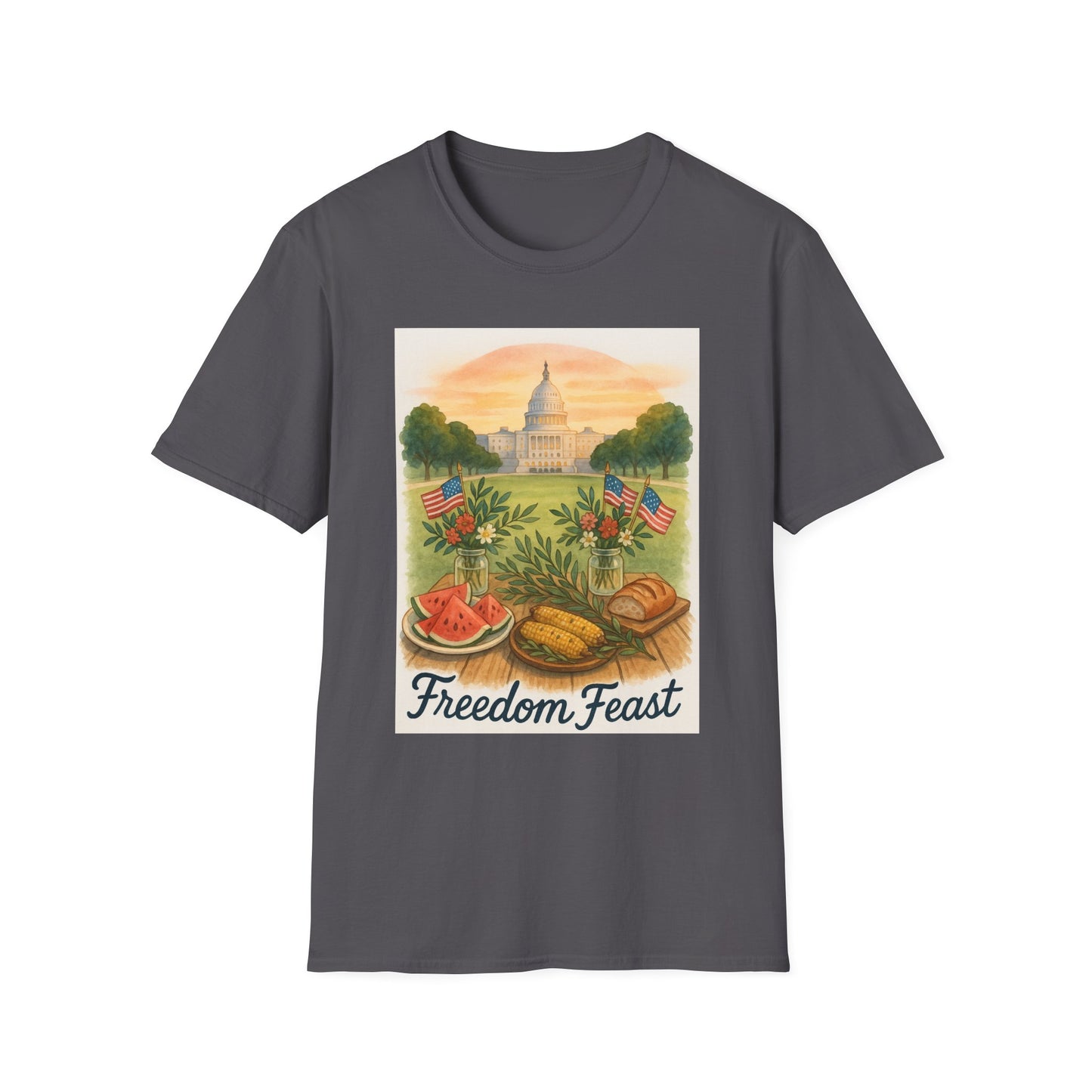 Gray Printify National Mall picnic t-shirt with Freedom Feast design featuring Capitol and picnic food