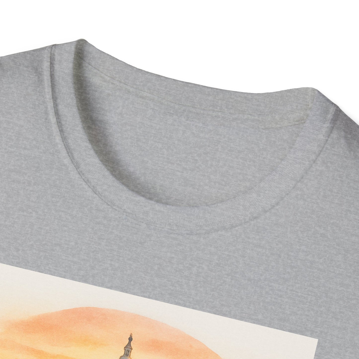 Close-up of gray Printify T-shirt with National Mall picnic t-shirt design featuring scenic artwork