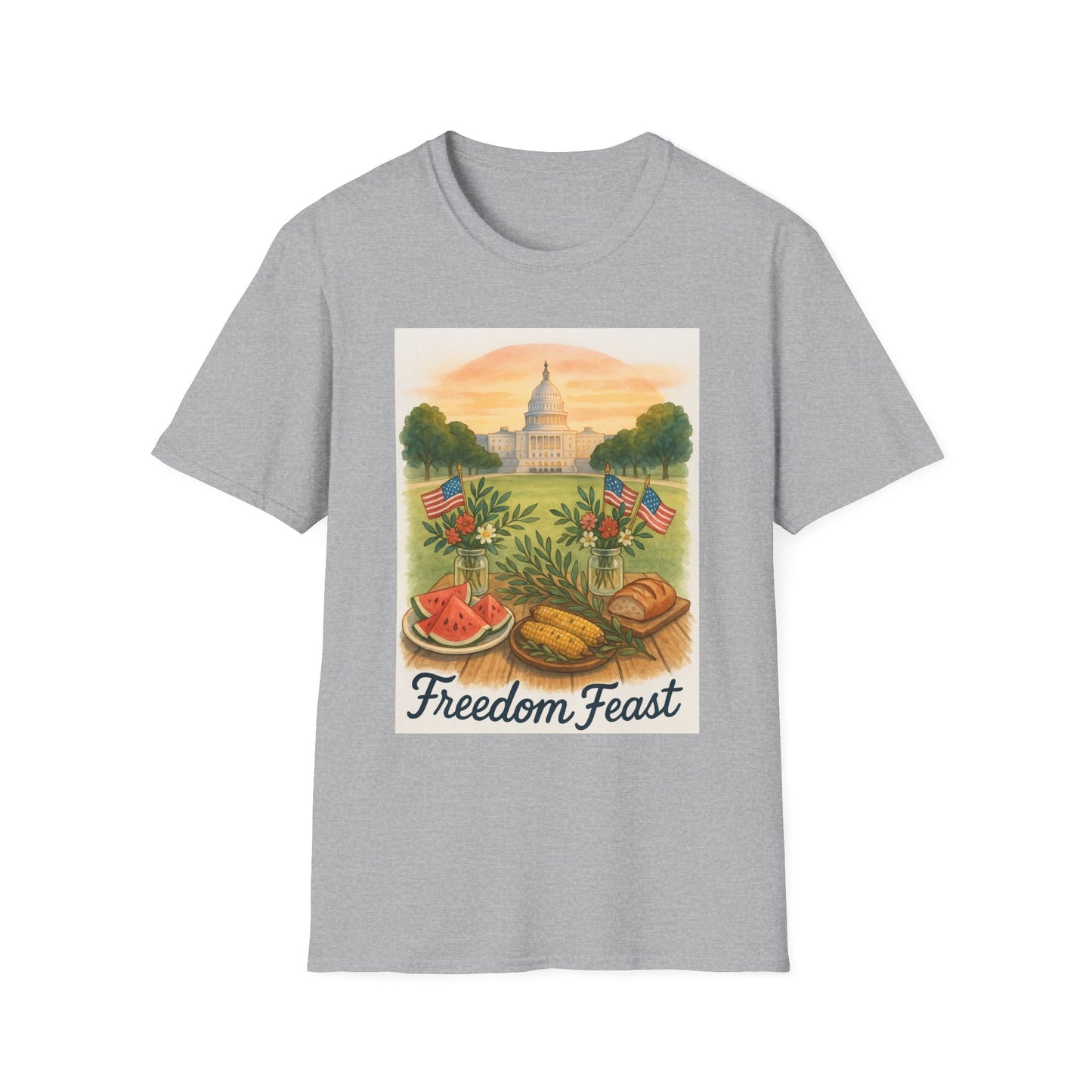 Gray Printify National Mall picnic t-shirt featuring Capitol building and picnic food design