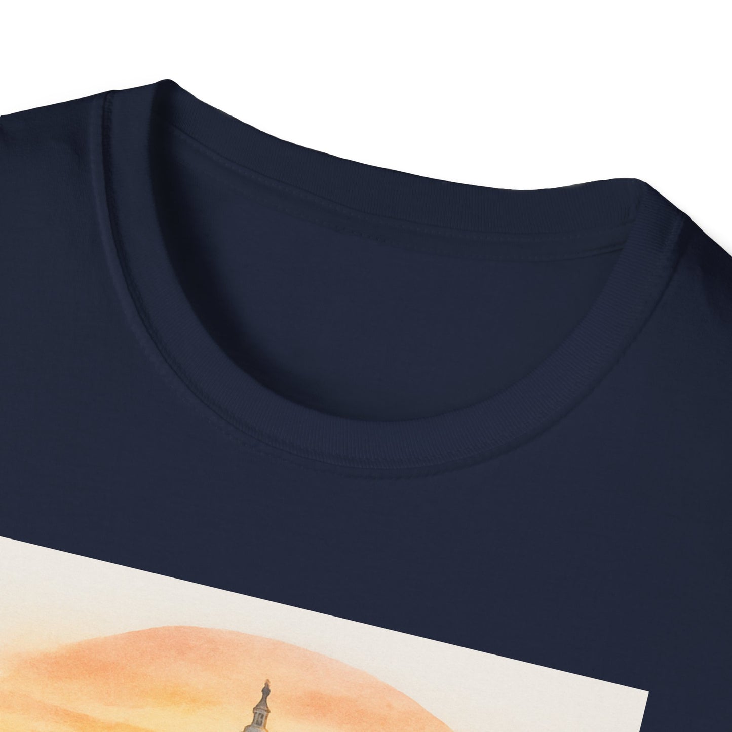 Printify navy blue National Mall picnic t-shirt showing collar and part of front design