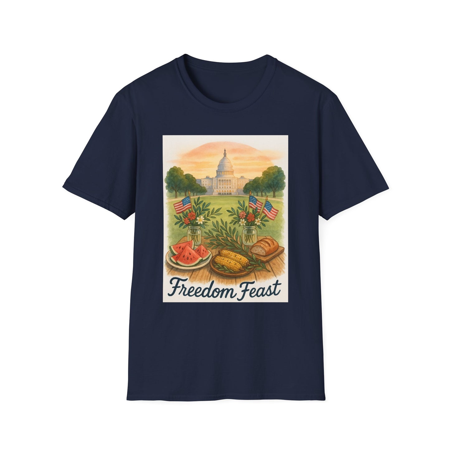 Navy blue Printify T-shirt featuring a National Mall picnic t-shirt design with Capitol building and picnic food