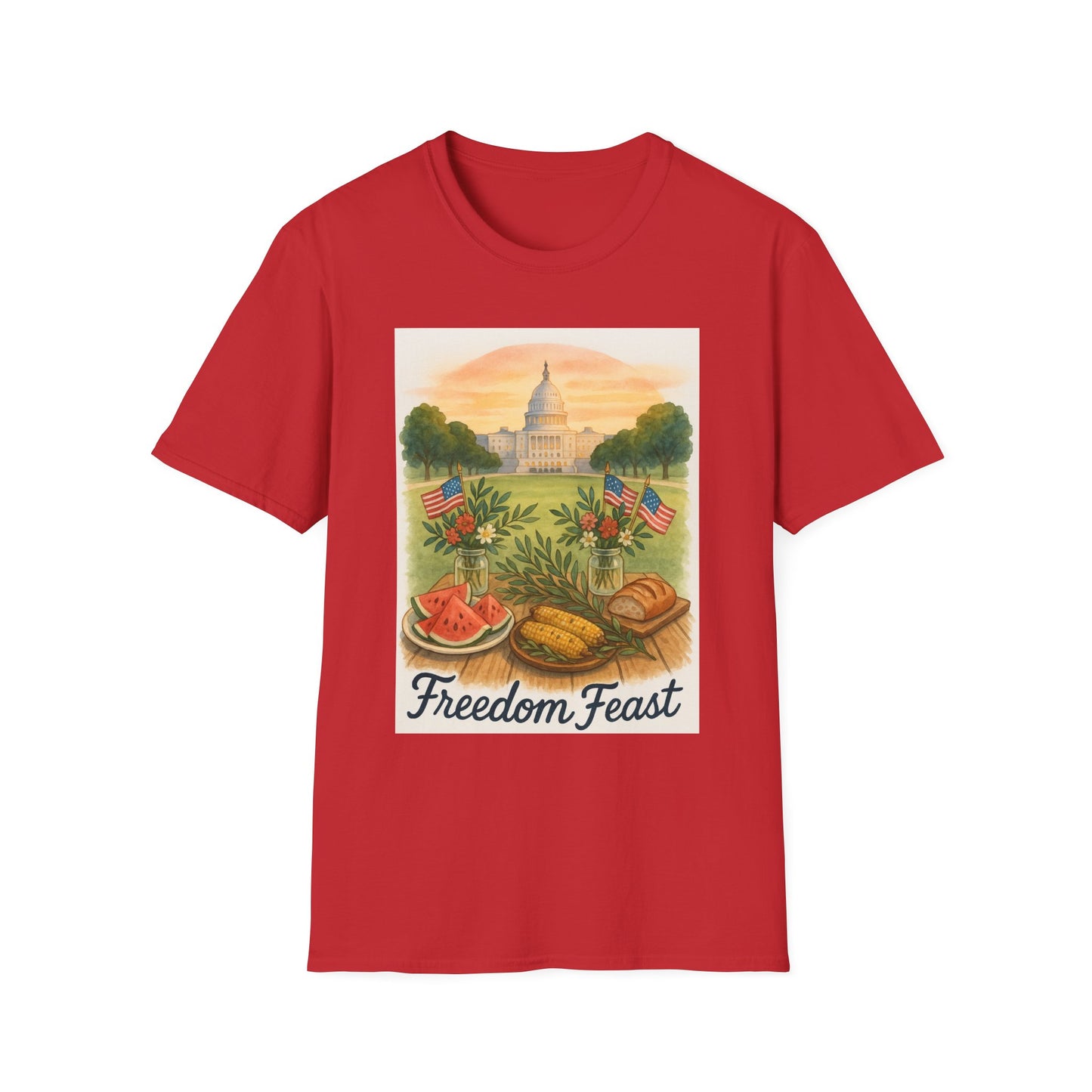 Red National Mall picnic t-shirt with Capitol design and picnic foods featuring watermelon and flags