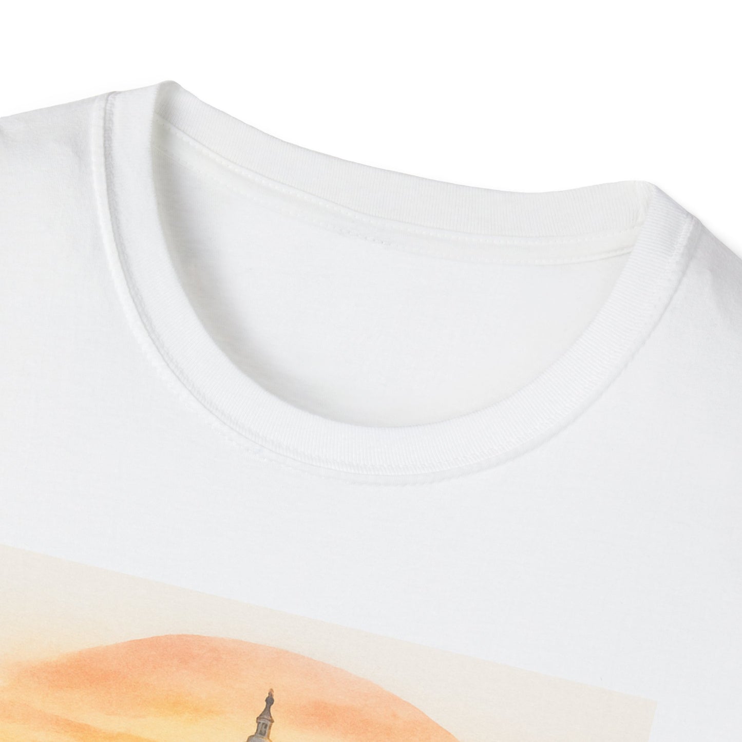 Close-up of Printify National Mall picnic t-shirt showing white crew neck collar and partial colorful design