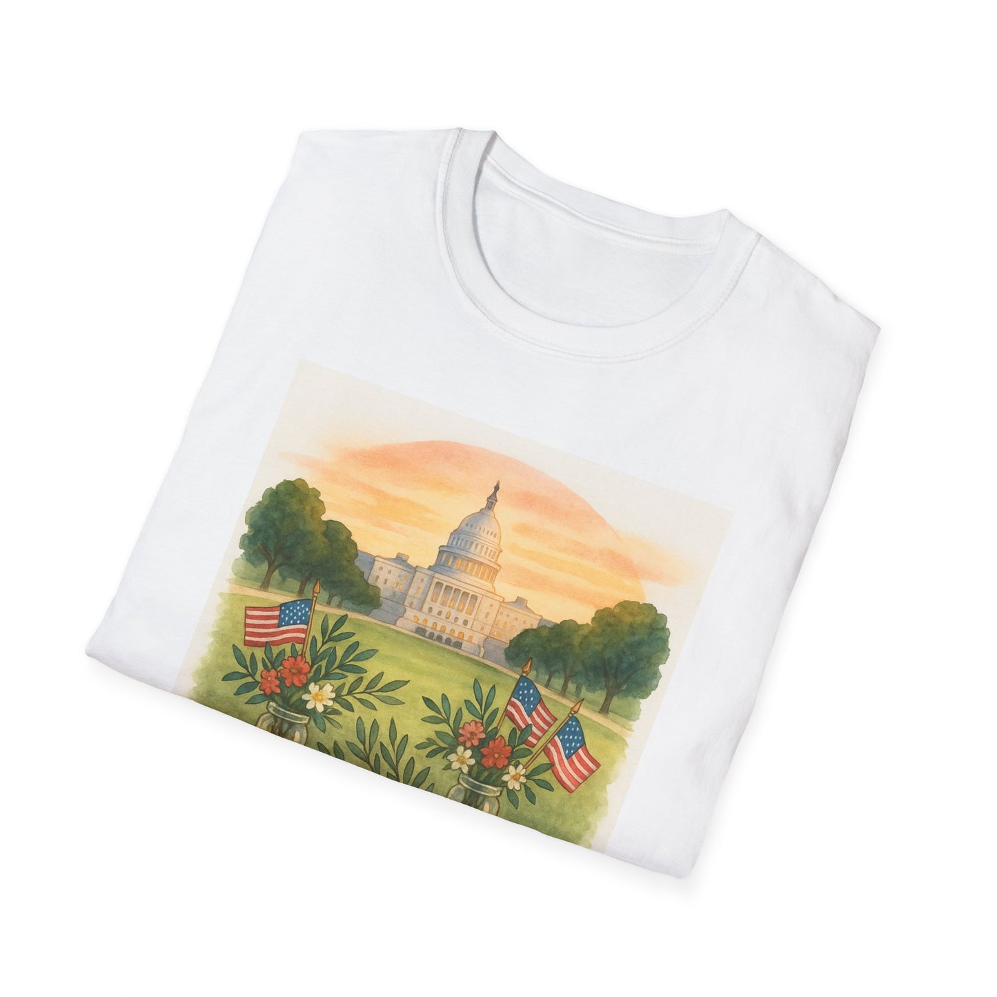 White National Mall picnic t-shirt featuring Capitol building and American flags design