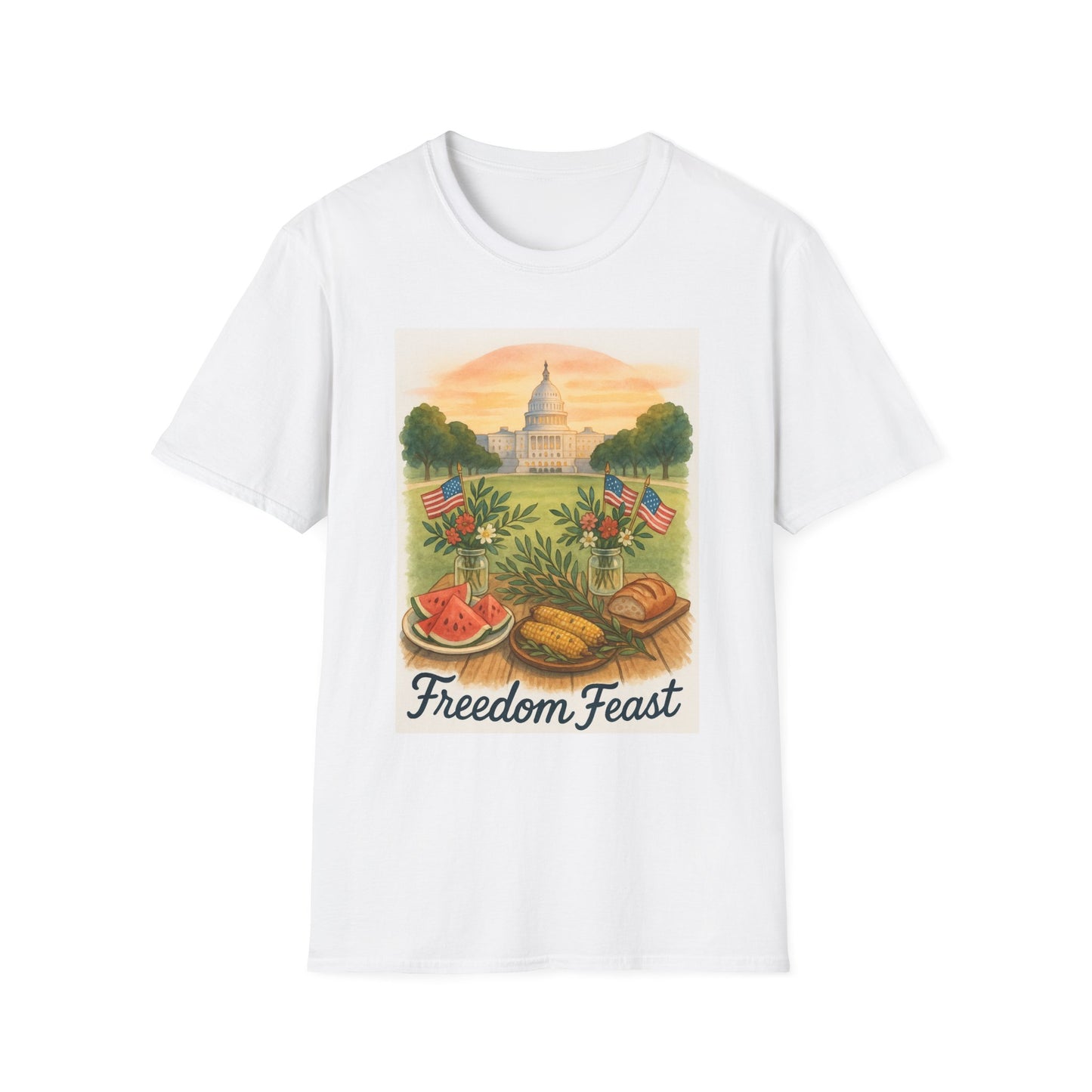 White National Mall picnic t-shirt featuring Capitol building and picnic scene with Freedom Feast text