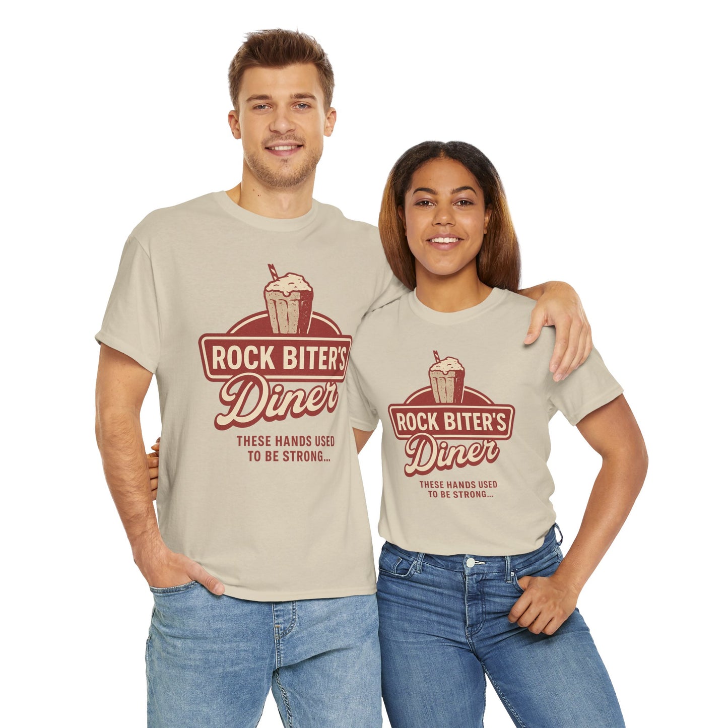 Printify Neverending Story diner t-shirt with Rock Biter's Diner vintage logo worn by man and woman