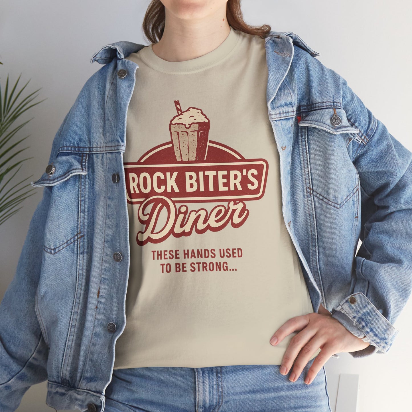 Neverending Story diner t-shirt in beige with retro diner graphic and text worn with denim jacket