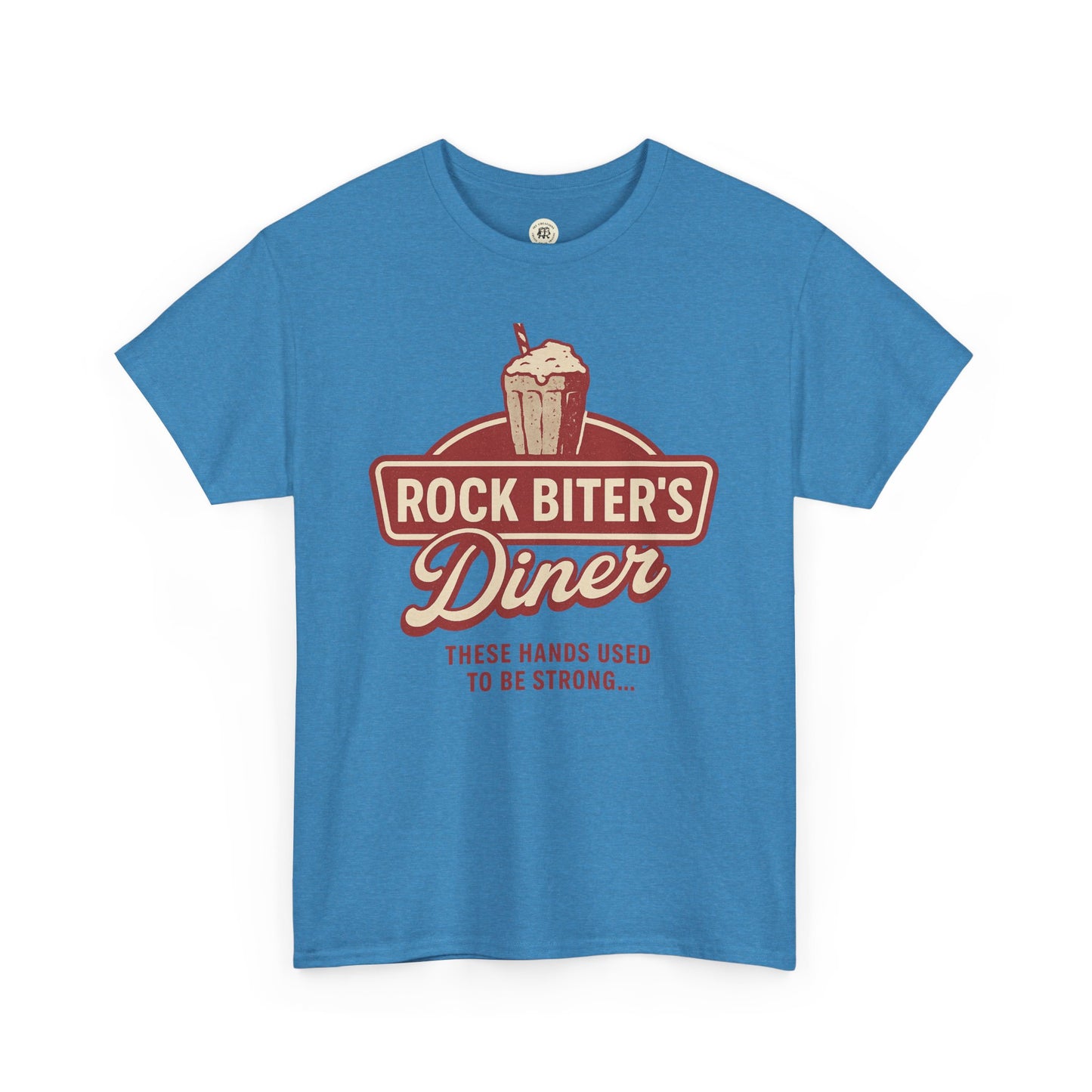 Blue Neverending Story diner t-shirt with Rock Biter's Diner vintage milkshake design