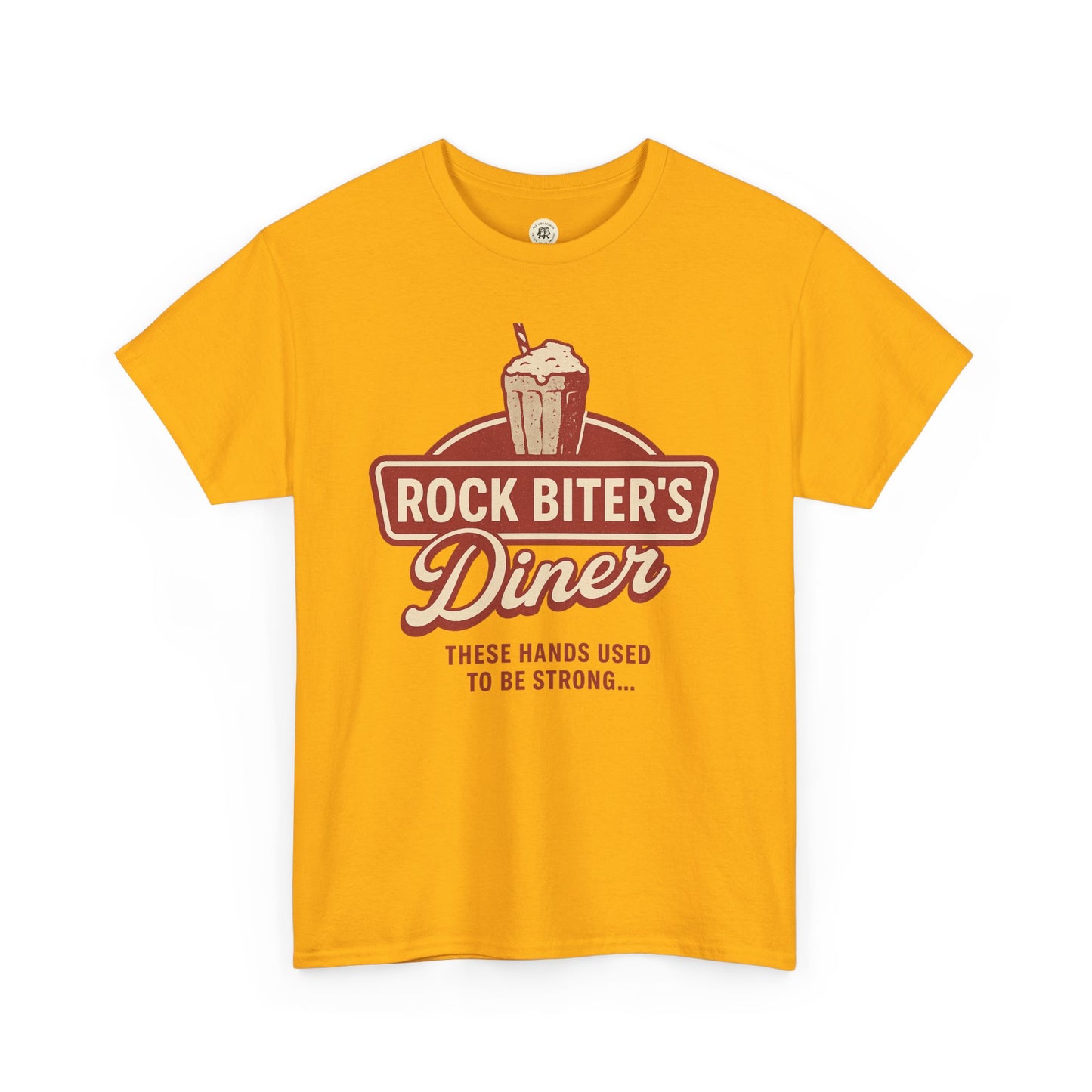 Yellow Neverending Story diner t-shirt with Rock Biter's Diner graphic and vintage milkshake design