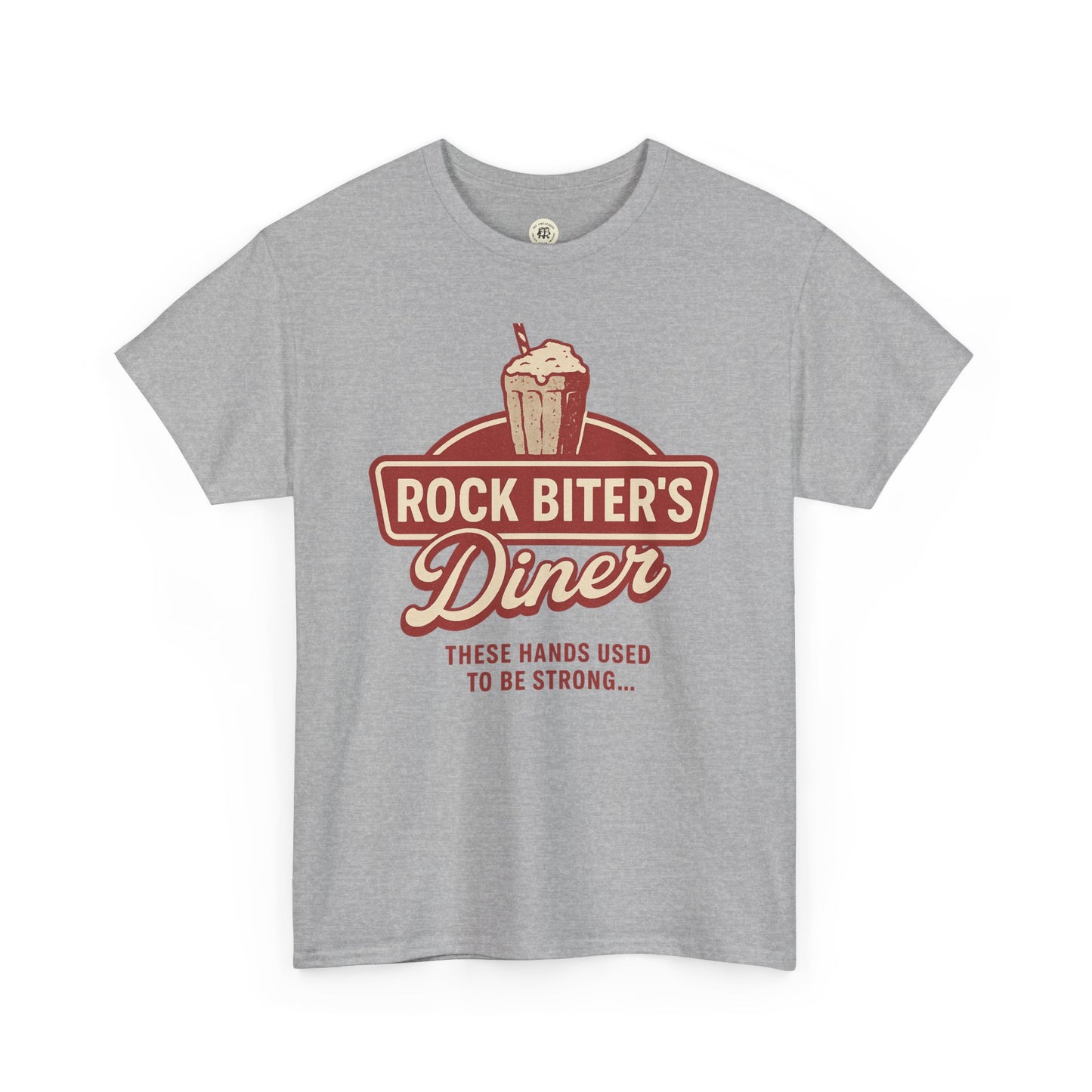 Gray Neverending Story diner t-shirt with Rock Biter's Diner vintage logo and slogan graphic