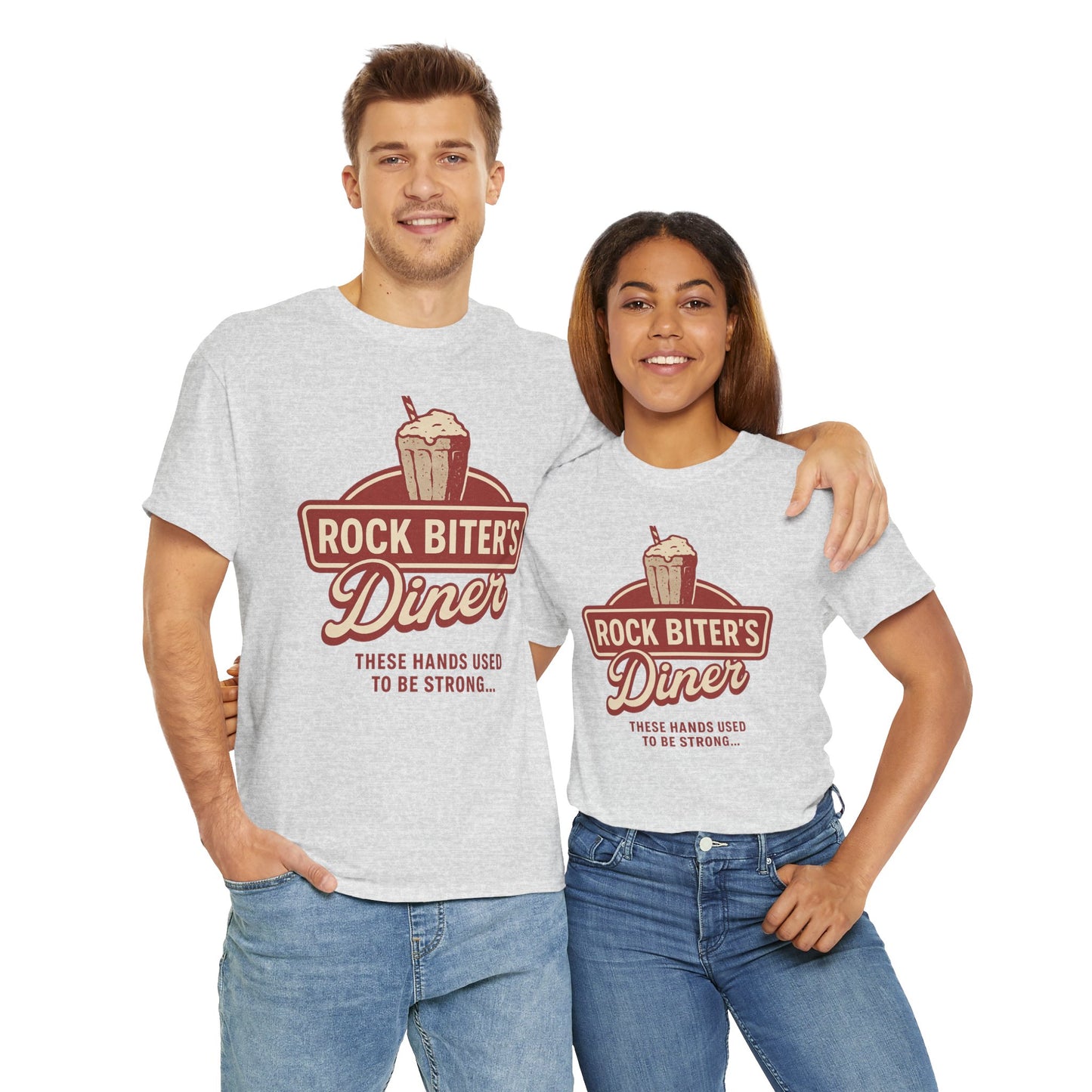 Couple wearing matching Neverending Story diner t-shirt with Rock Biter's Diner logo and vintage milkshake design